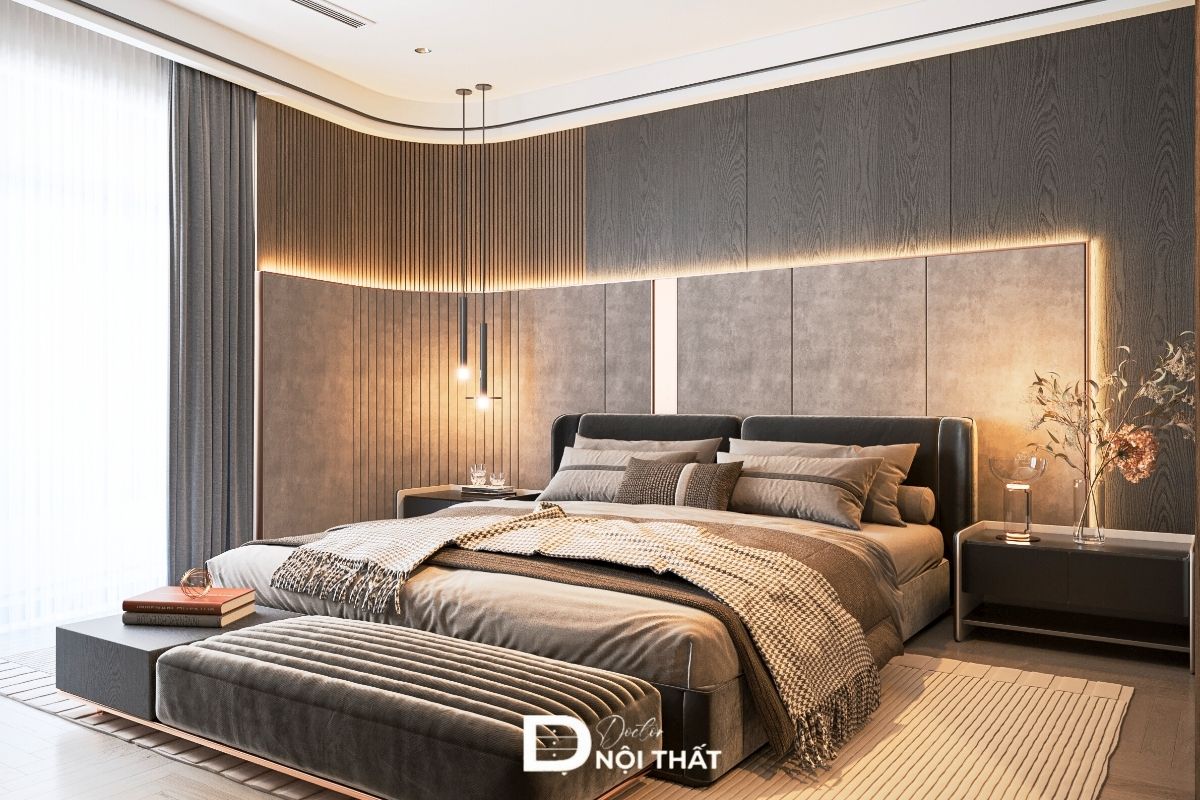 Phòng ngủ thiết kế chung cư The Canopy VinSmart hiện đại, sang trọng với nội thất bọc nỉ cao cấp