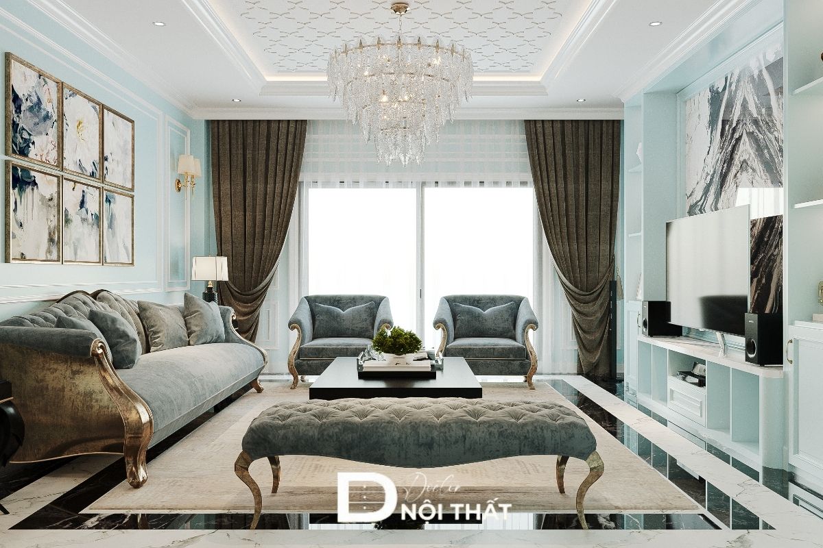 Kết hợp rèm nhung, trung tranh mạ vàng và ghế sofa bọc da tạo không gian hoàng gia