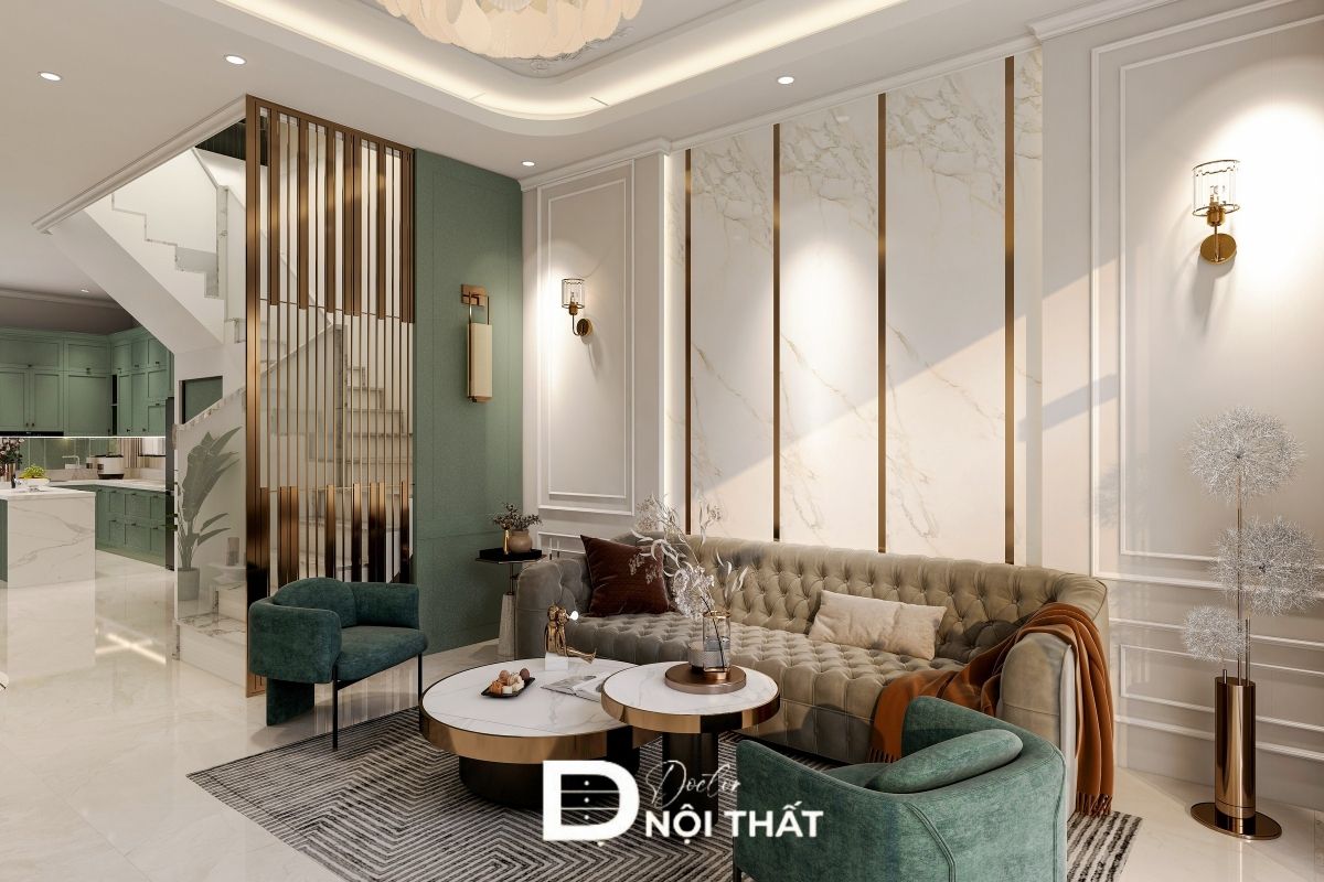 Kết hợp rèm nhung, trung tranh mạ vàng và ghế sofa bọc da tạo không gian hoàng gia