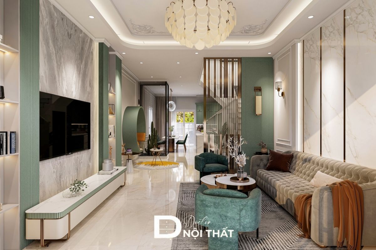 Phòng khách tân cổ điển sang trọng với ánh sáng vàng ấm áp