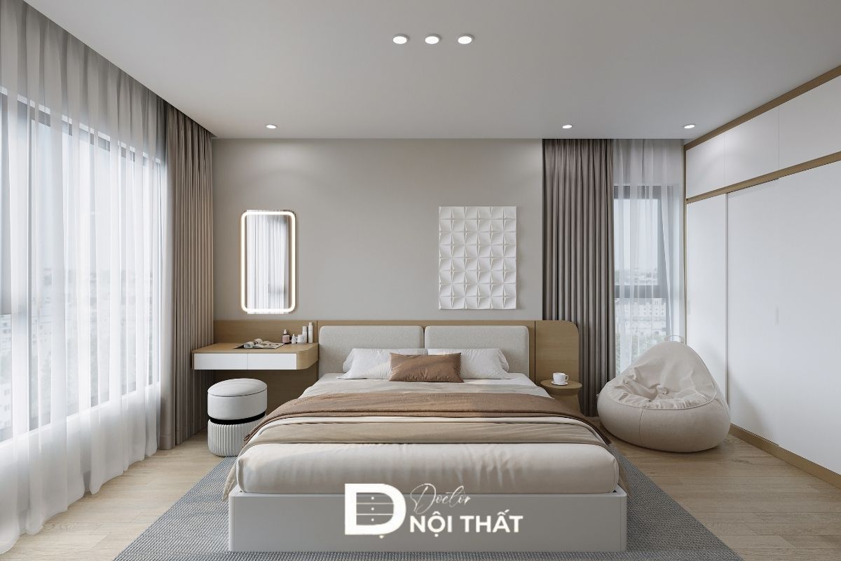 Thiết kế nội thất chung cư The Ninety Complex với phòng ngủ với cửa sổ rộng, rèm cửa 2 lớp 