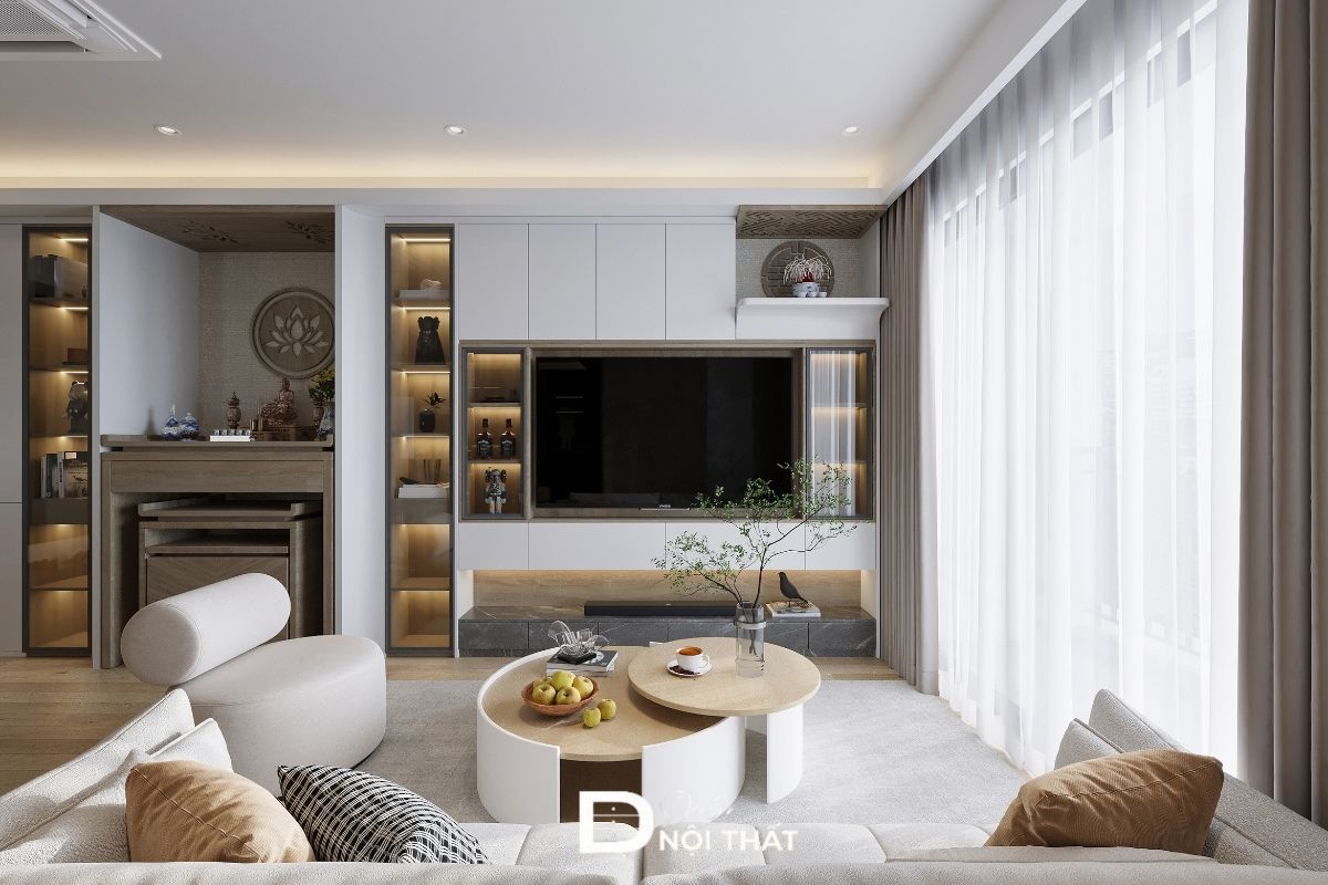 Phòng khách hiện đại với tủ kính trang trí sang trọng, tinh tế