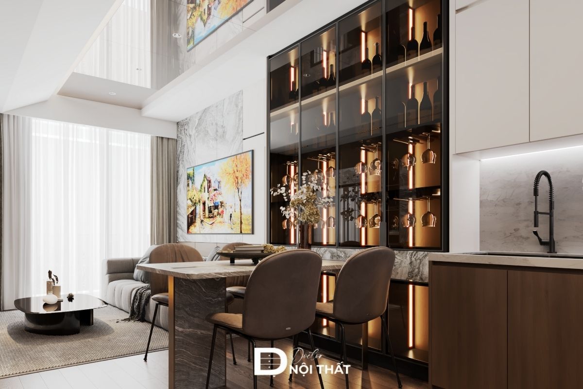 Thiết kế căn penthouse The Ninety Complex đẳng cấp với không gian rộng mở, tủ kính to, sang trọng