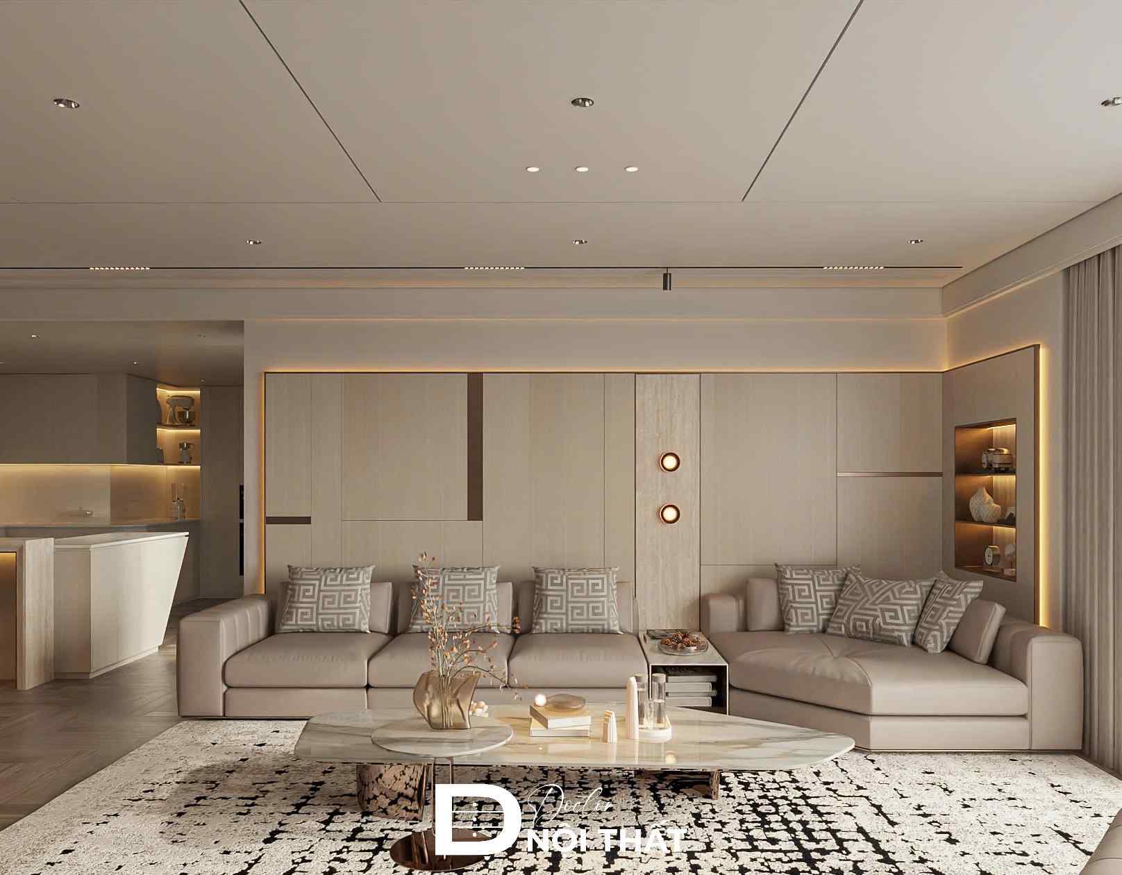 Phòng khách bố trí bộ sofa da màu kem kết hợp bàn trả nhỏ gọn