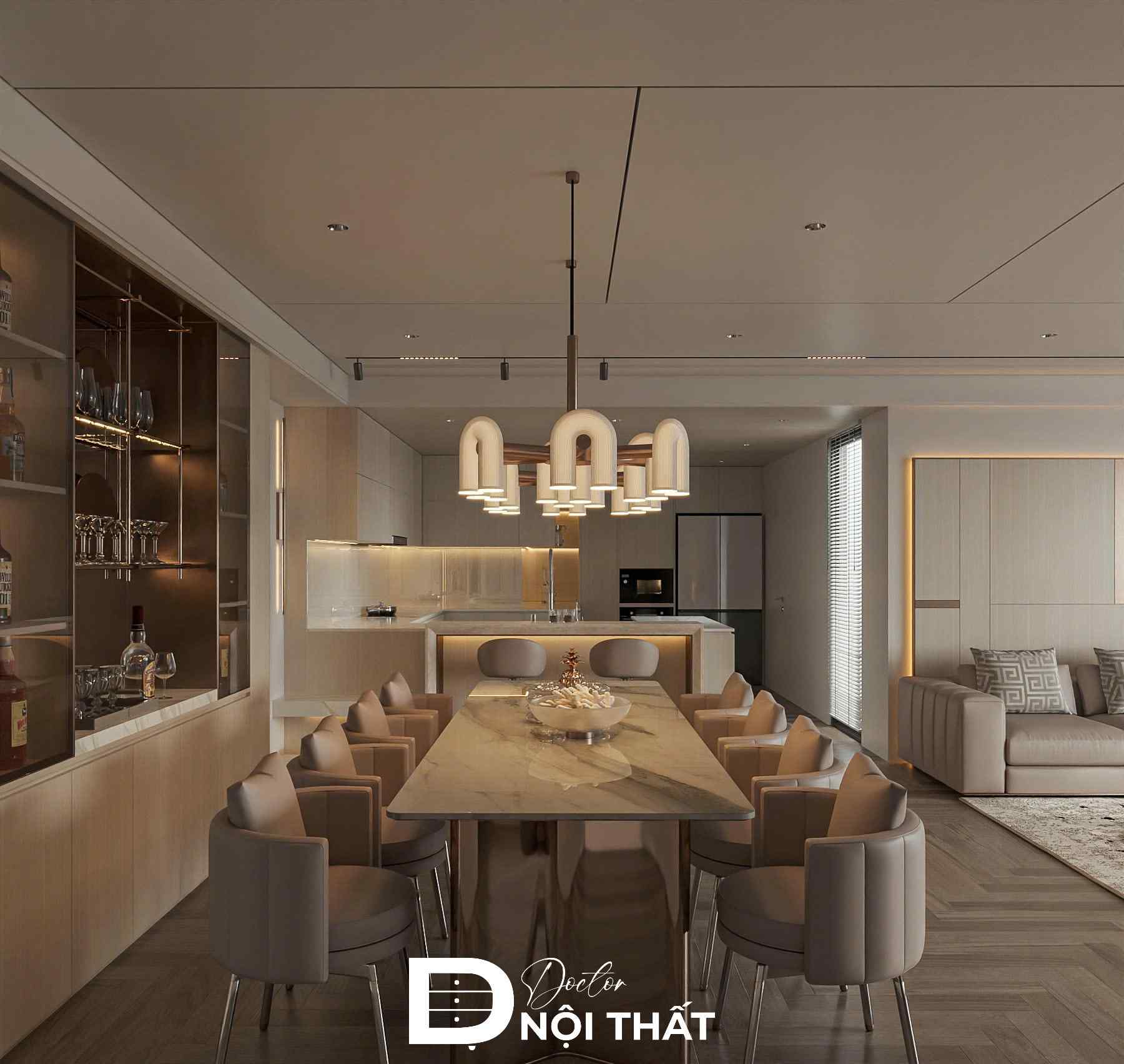 Căn bếp Penthouse thiết kế đầy đủ tiện nghi với bộ bàn ăn được bố trí khoa học