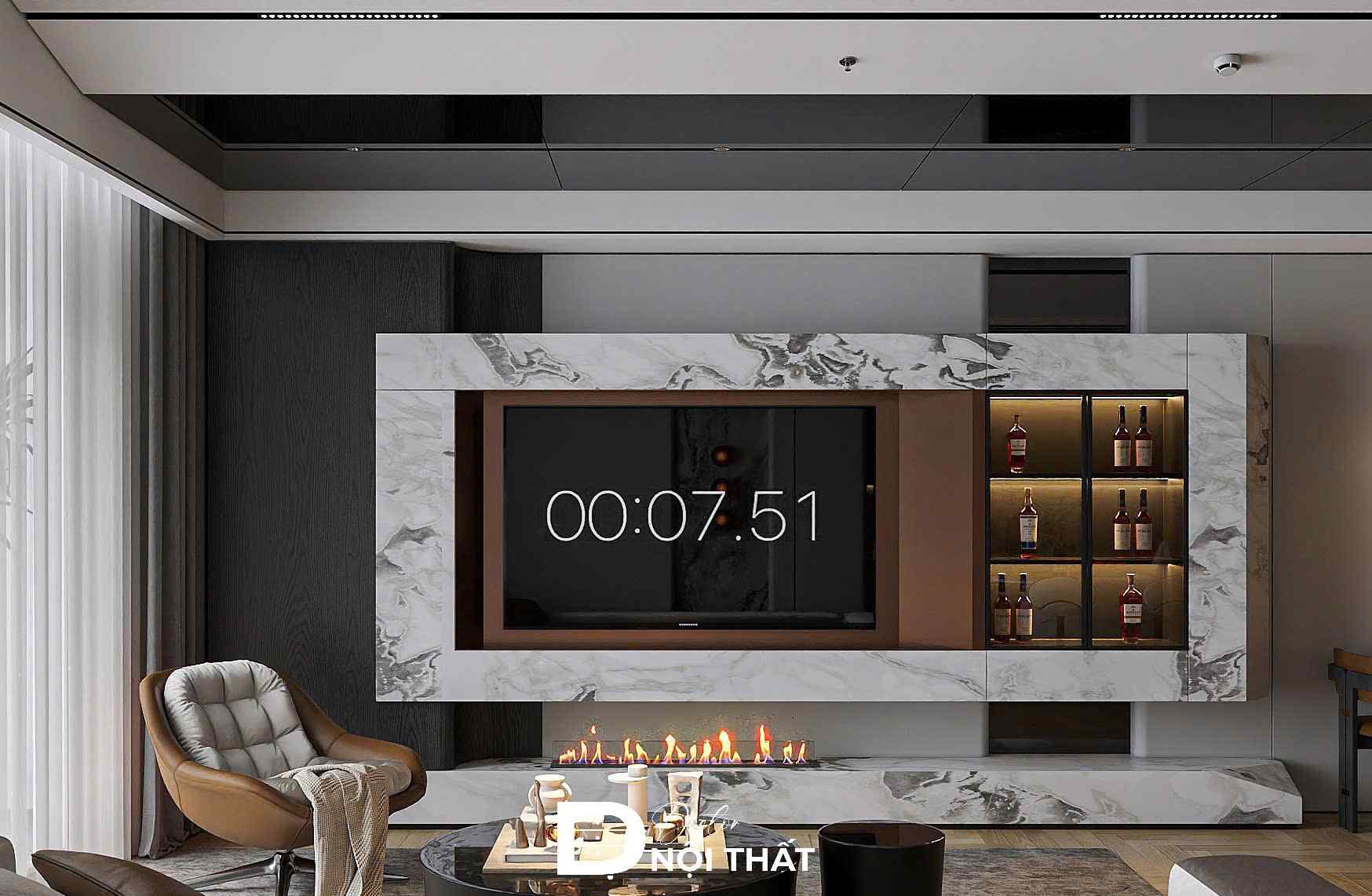 Điểm nhấn của phòng khách là hệ vách tivi sang trọng bằng vật liệu nhựa giả đá