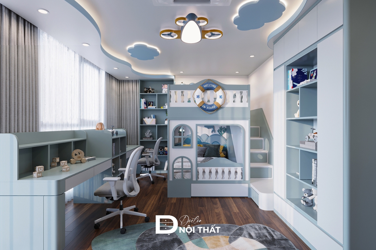 Giường ngủ cho 2 bé trai với gam màu xanh chủ đạo