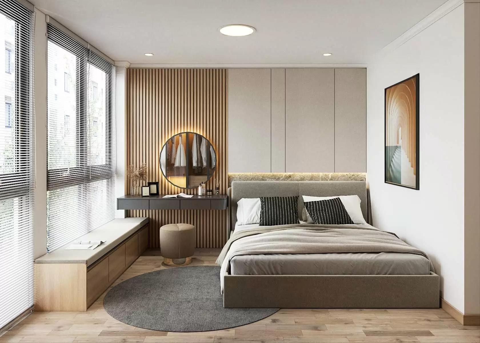 Mẫu thiết kế phòng ngủ nhỏ 9m2 tối giản ưu tiên các món nội thất nhỏ gọn, tập trung vào công năng (nguồn: sưu tầm)