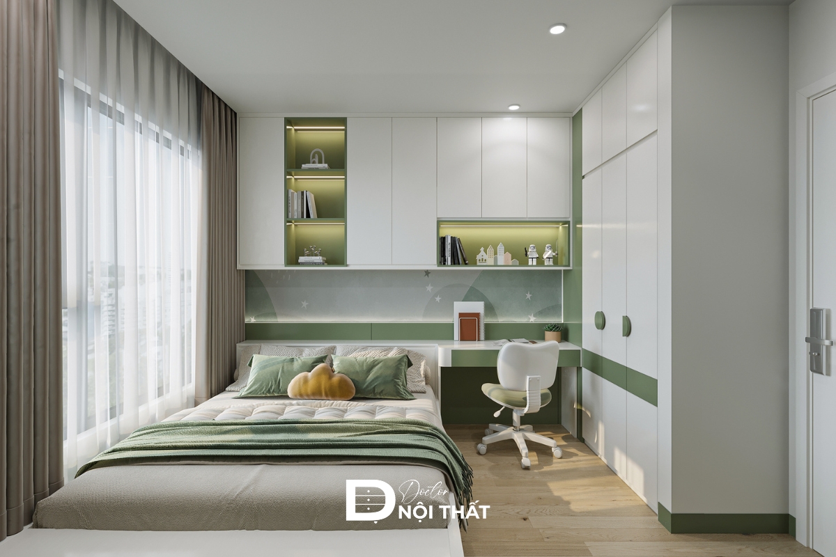 Thiết kế phòng ngủ cho người mệnh Mộc với tường sơn xanh lá mạ