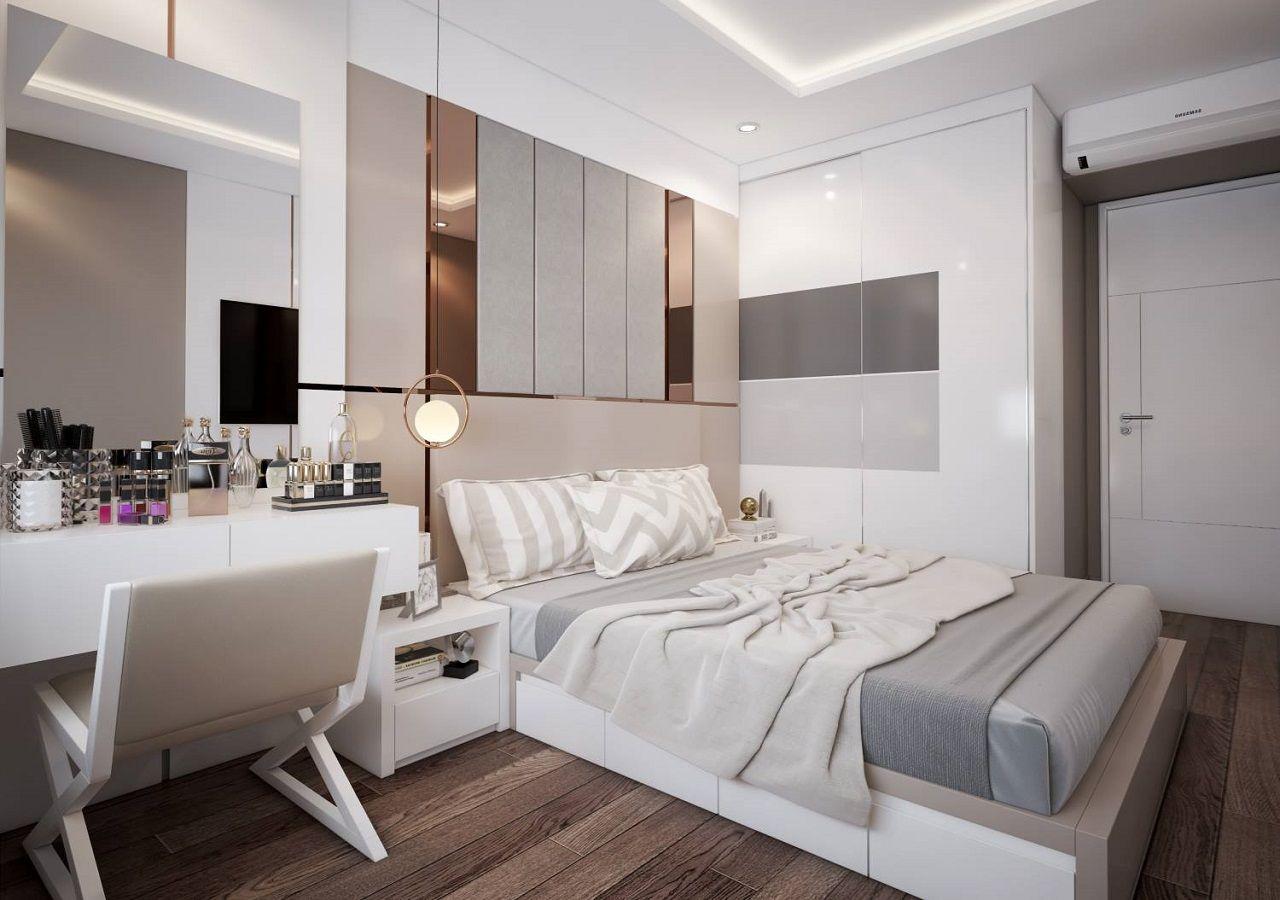 Mẫu thiết kế phòng ngủ đẹp cho nữ trong căn hộ chung cư với tông màu trắng chủ đạo (nguồn: sưu tầm)