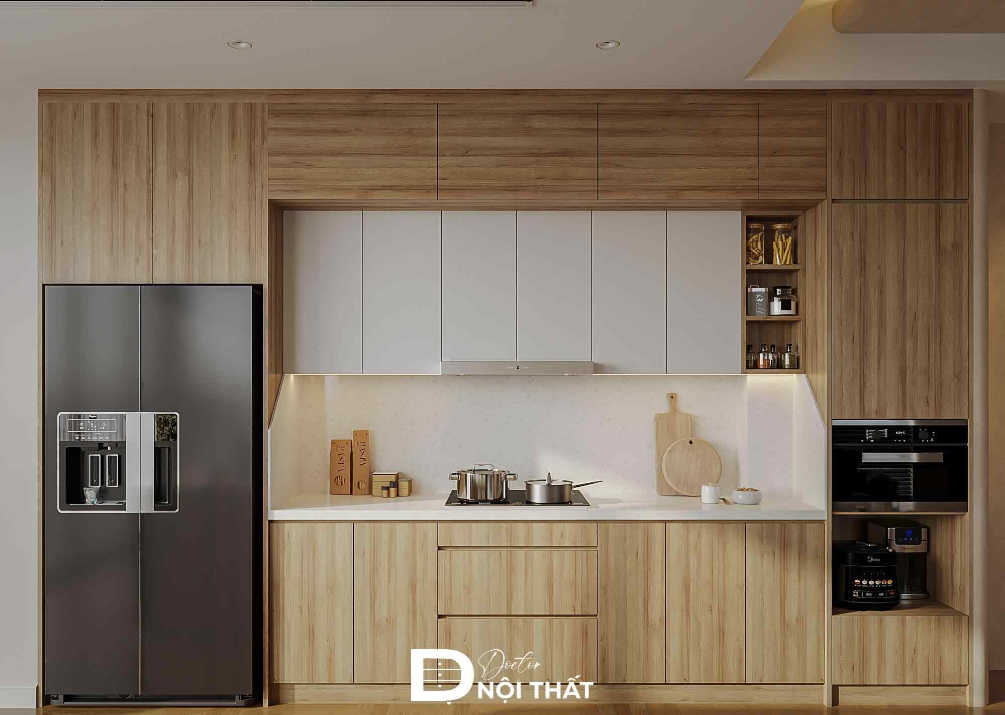Hệ tủ bếp gỗ công nghiệp kịch trần với tone màu sáng