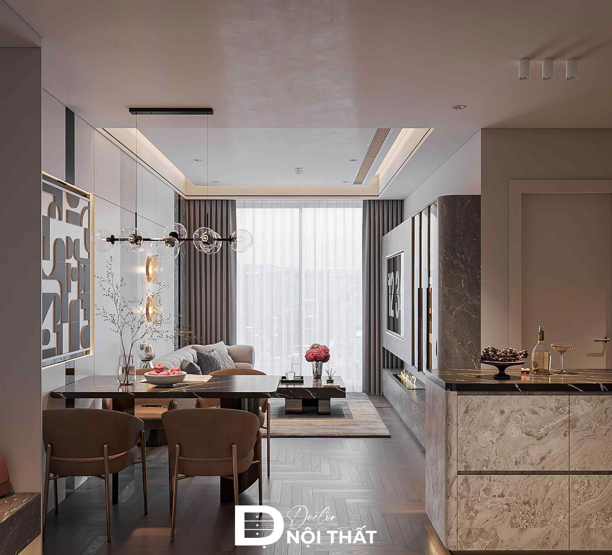 Thiết kế phòng khách liền bếp giúp không gian chung cư thoáng đãng, rộng rãi hơn