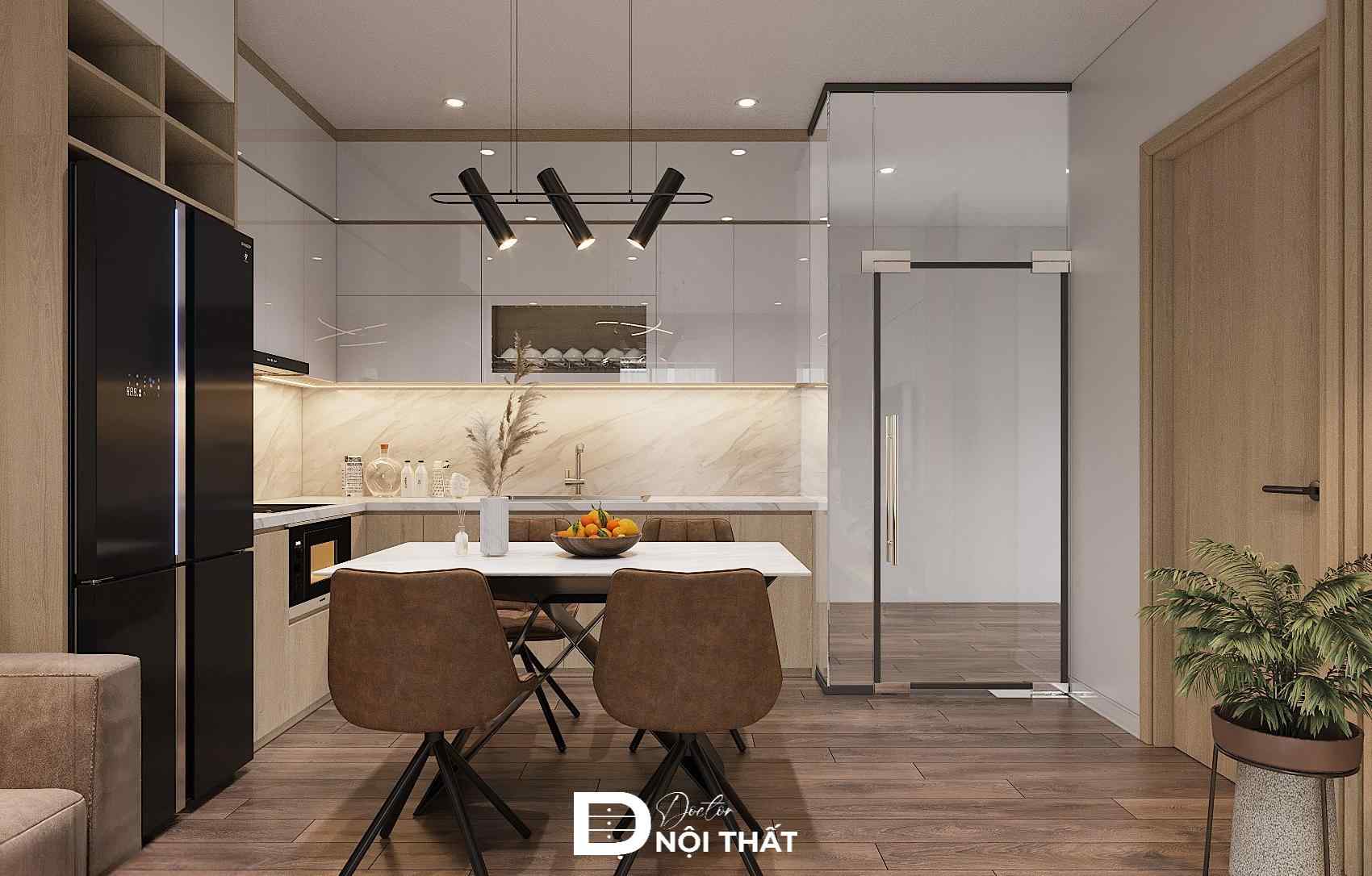 Phòng bếp chung cư 2 phòng ngủ hiện đại sử dụng tủ bếp tone màu sáng