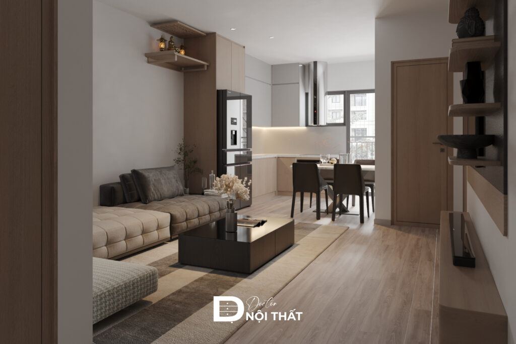 Mẫu thiết kế nội that căn hộ 65m2 2 phòng ngủ theo tone màu trung tính với điểm nhấn độc đáo