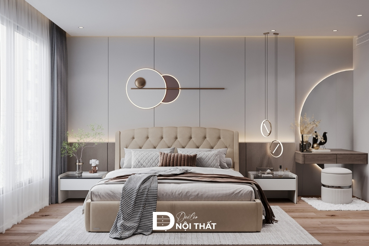 Thiết kế phòng ngủ sử dụng cửa kính lớn, có view nhìn ra thành phố