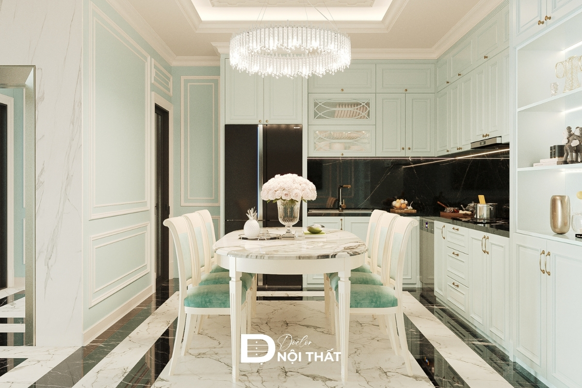 Không gian bếp chung cư tân cổ điển được decor bằng những chiếc đèn thả trần độc đáo