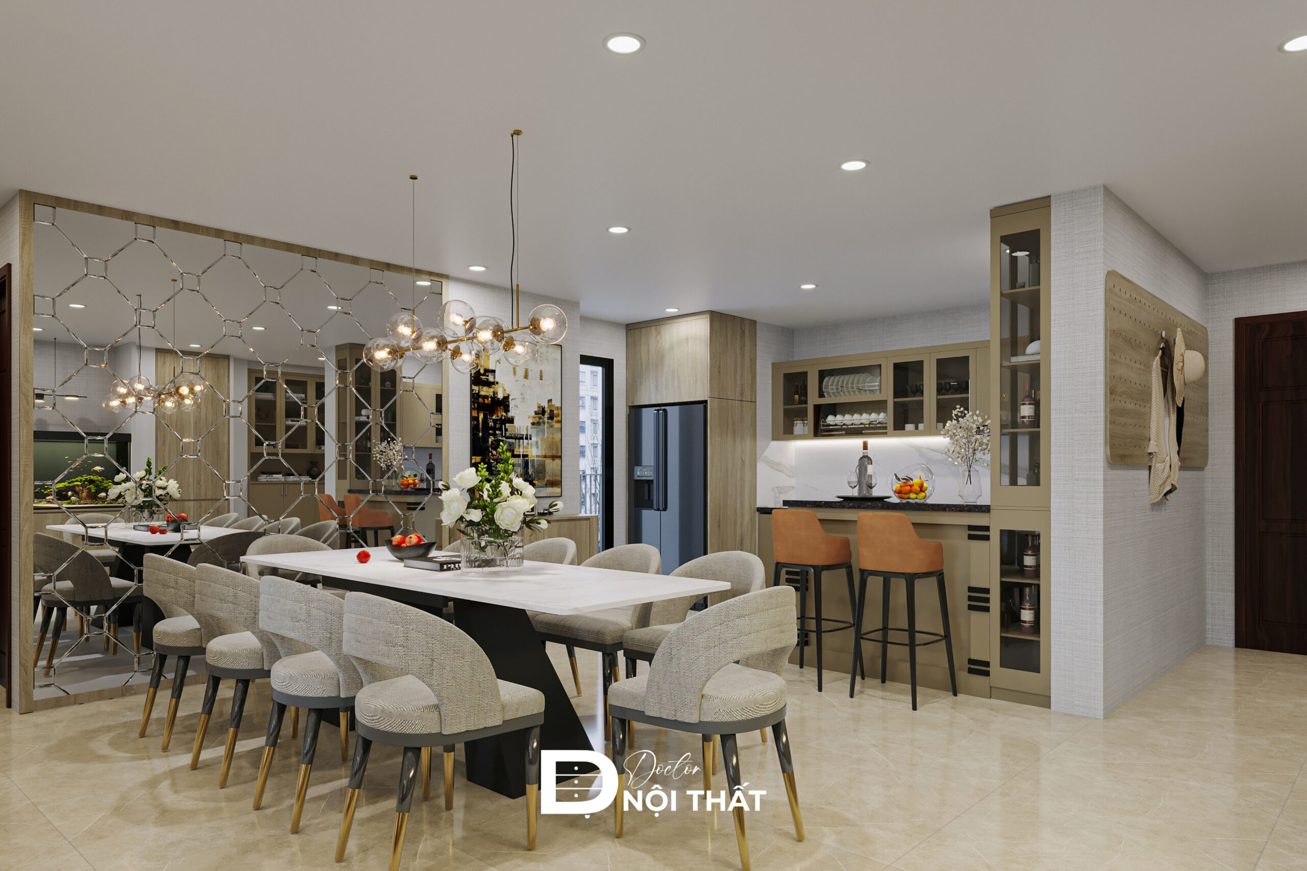 Đèn thả ngay bàn ăn tone vàng đồng tạo điểm nhấn đầy tinh tế