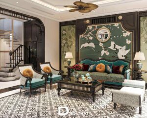 Phòng khách biệt thự indochine được thiết kế với tone màu xanh cổ vịt chủ đạo