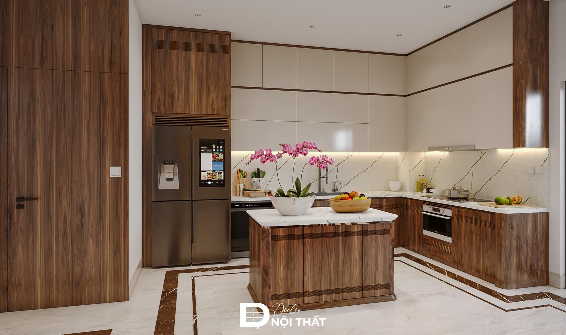 Phòng bếp biệt thự thiết kế tối ưu công năng với hệ tủ bếp chữ L kịch trần