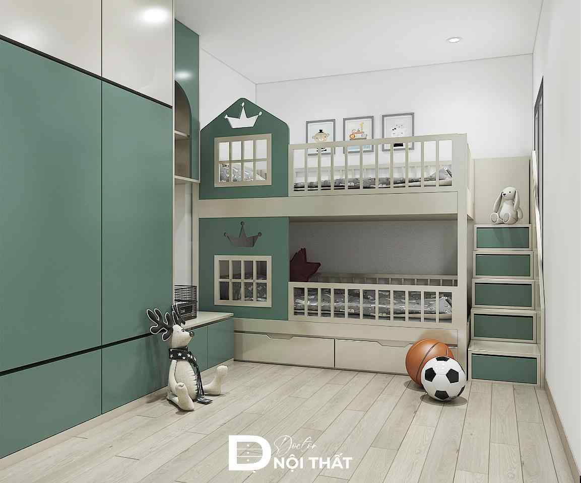 Thiết kế giường tầng giúp bé có không gian nghỉ ngơi thoải mái, tiện nghi