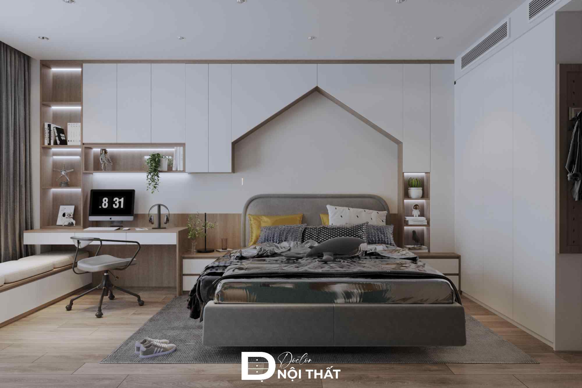 Đầu giường được thiết kế kiểu dáng ngôi nhà độc đáo, ấn tượng
