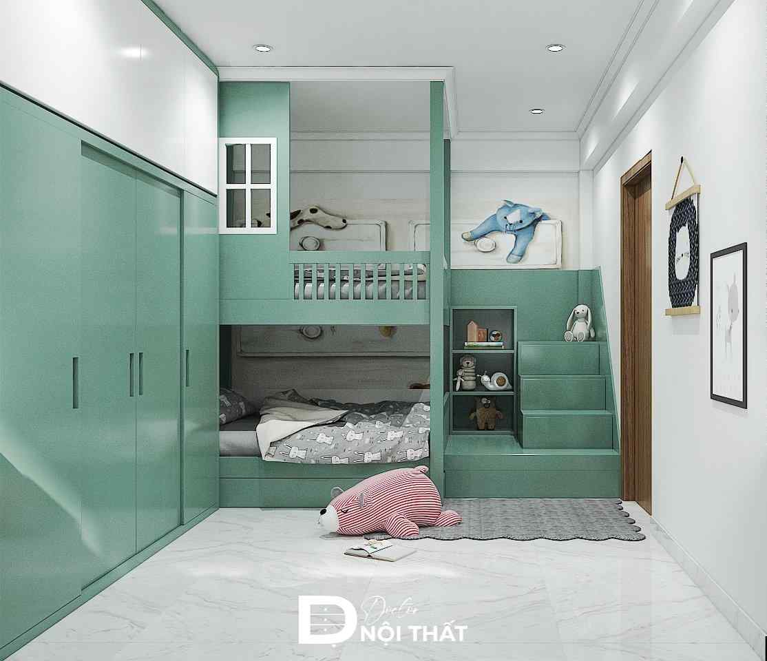 Thiết kế giường tầng với một giường đôi và một giường đơn cho 3 bé trai