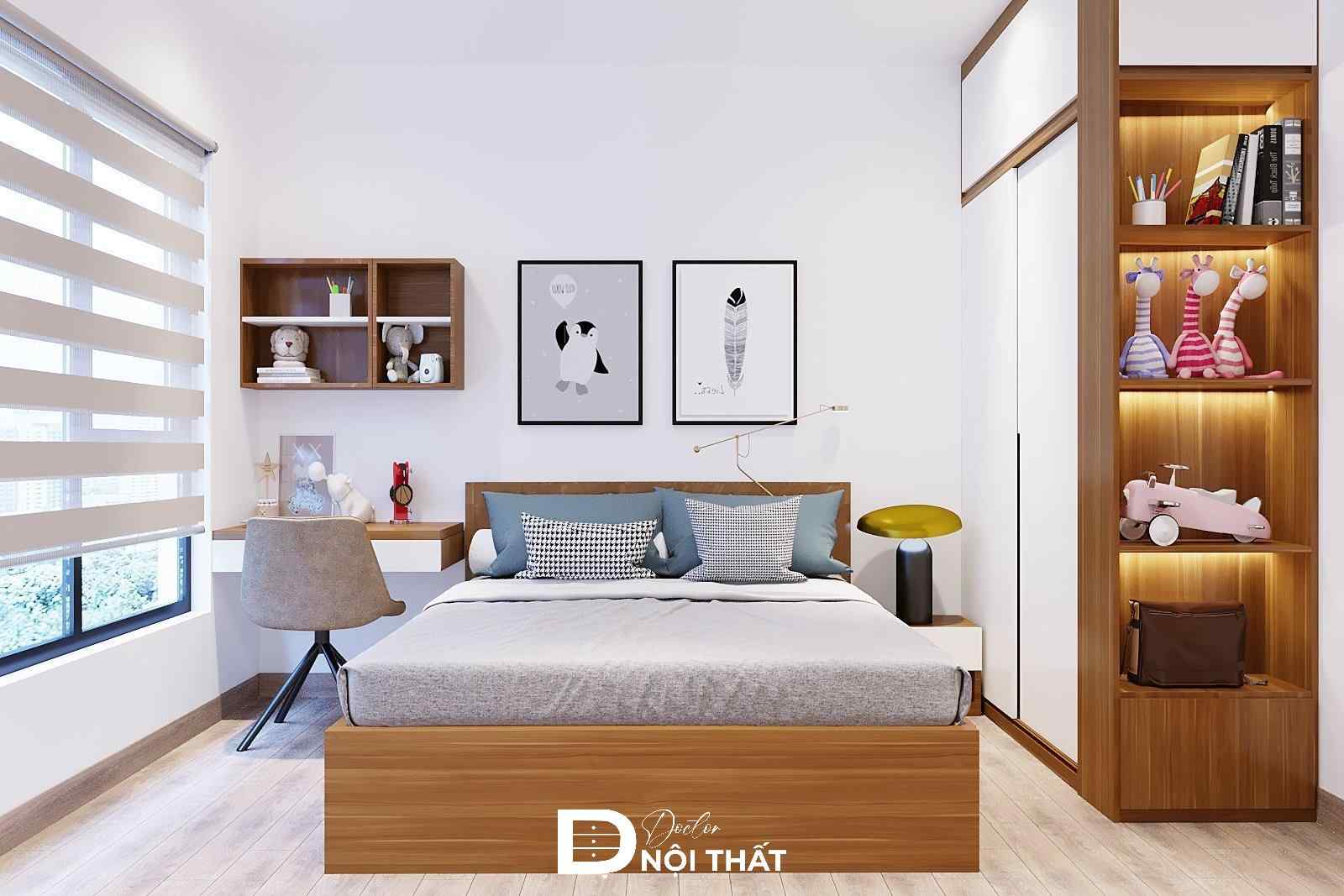 Thiết kế nội thất phòng ngủ bé trai theo phong cách hiện đại với giường ngủ đôi rộng rãi