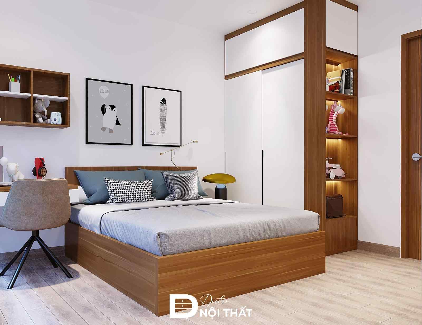 Tích hợp giữa kệ trang trí và tủ quần áo để tiết kiệm diện tích