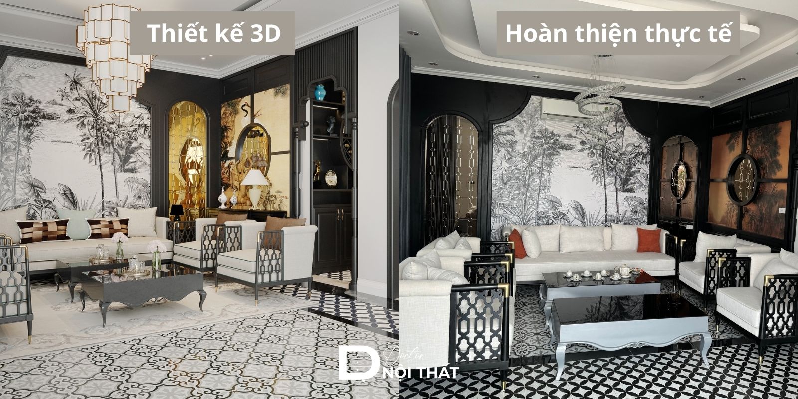 Bản vẽ 3D và công trình khi hoàn thiện thi công nội thất