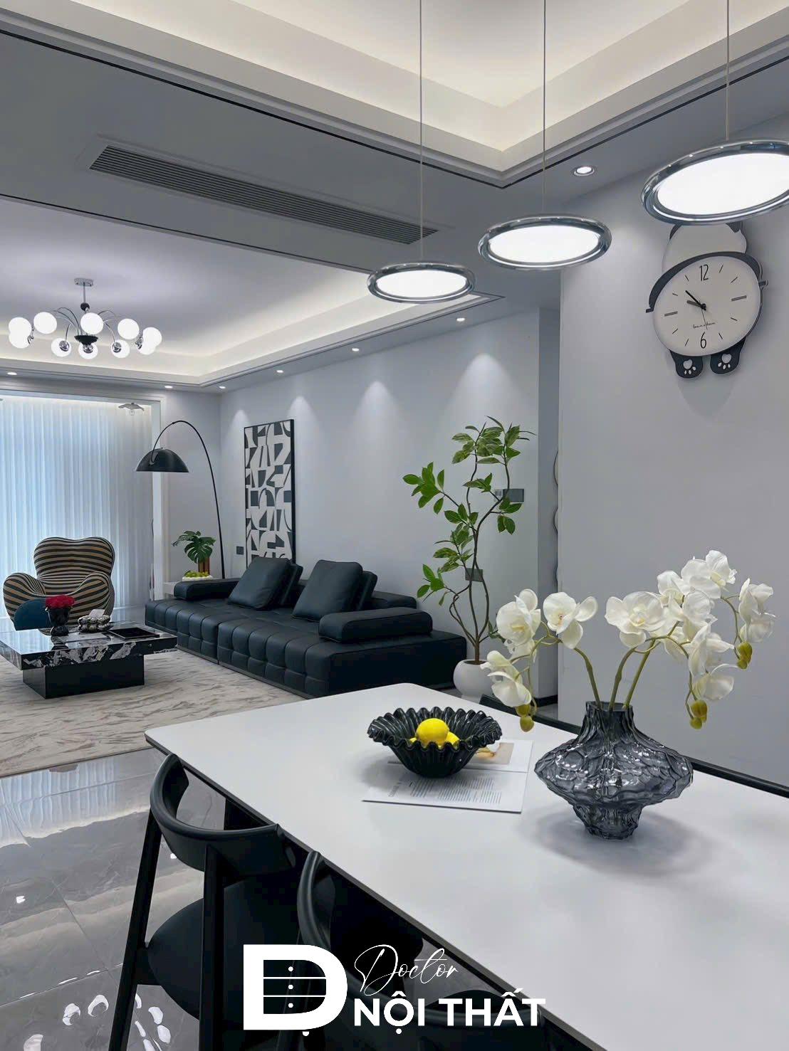 Bộ sofa chất liệu da kết hợp hệ trần thạch cao hiện đại