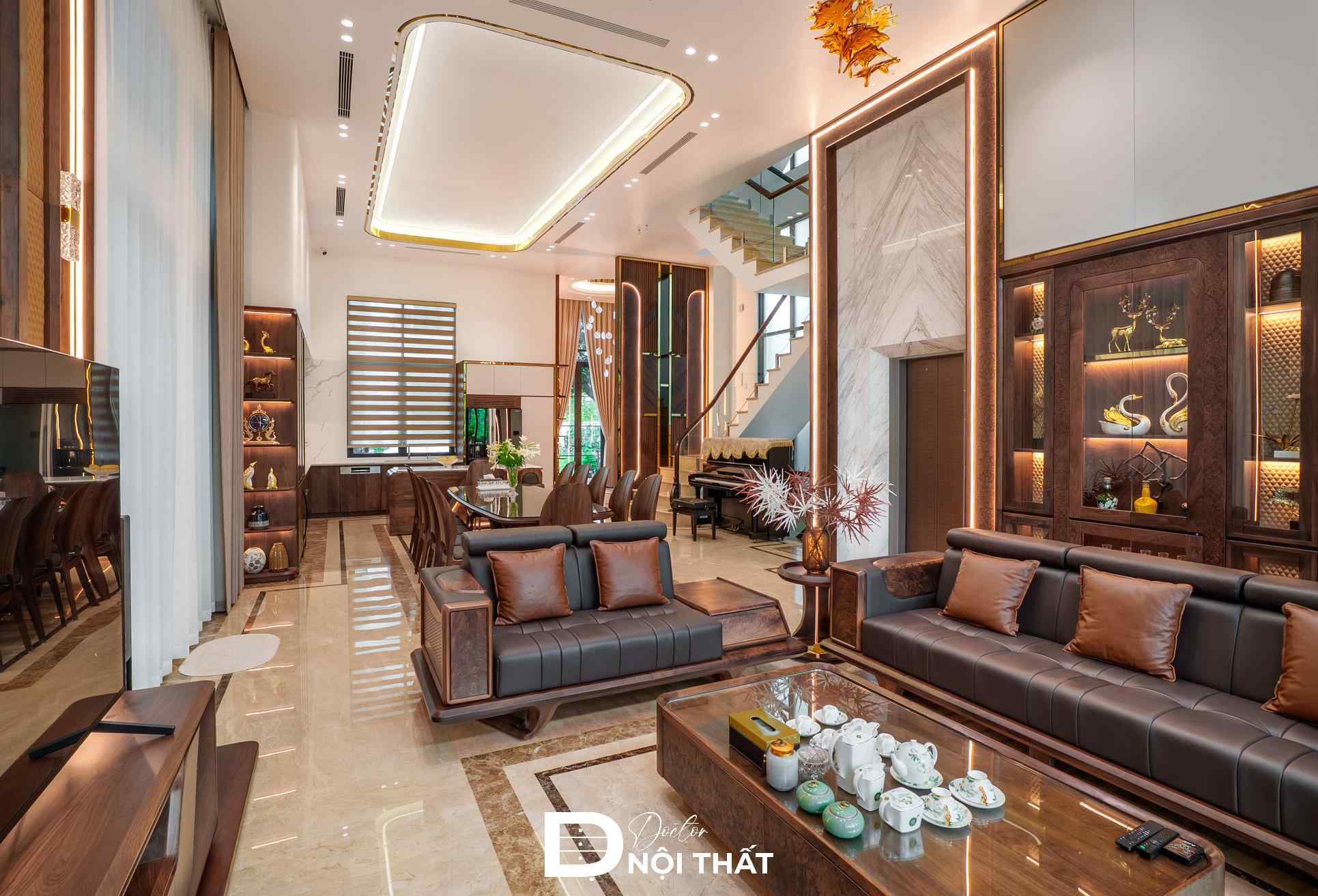 Thi công nội thất biệt thự với chất liệu gỗ óc chó cao cấp