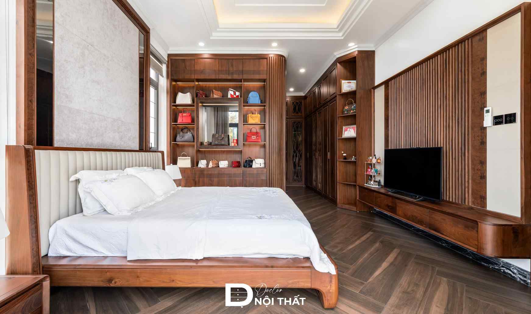 Phòng ngủ biệt thự thi công sàn gỗ kiểu xương cá độc đáo