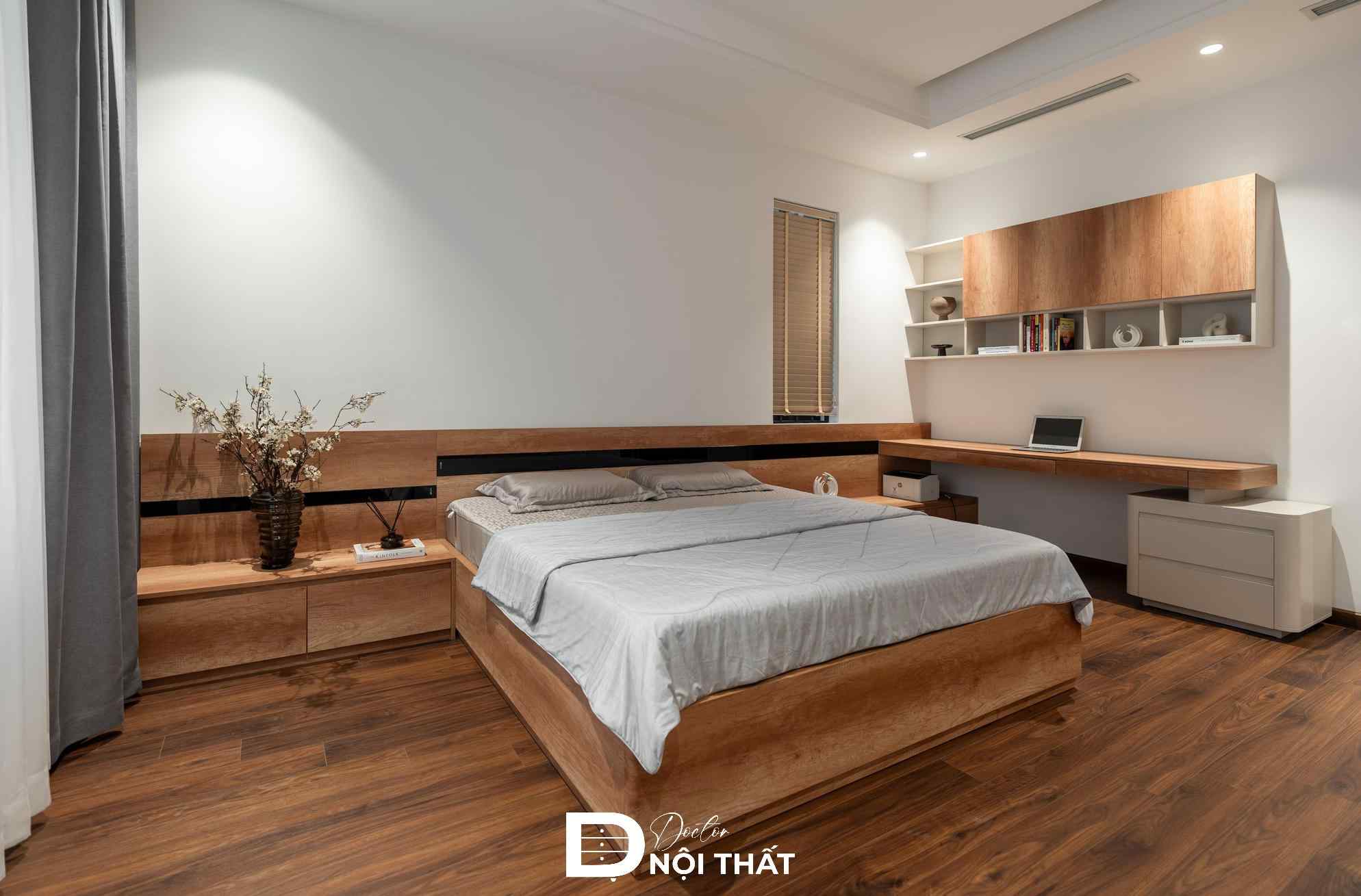 Thi công nội thất phòng ngủ tone màu gỗ mang đến cảm giác ấm cúng, gần gũi