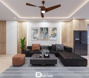 Thiết kế phòng khách T-Place tinh tế với sofa nỉ và sàn gỗ sáng