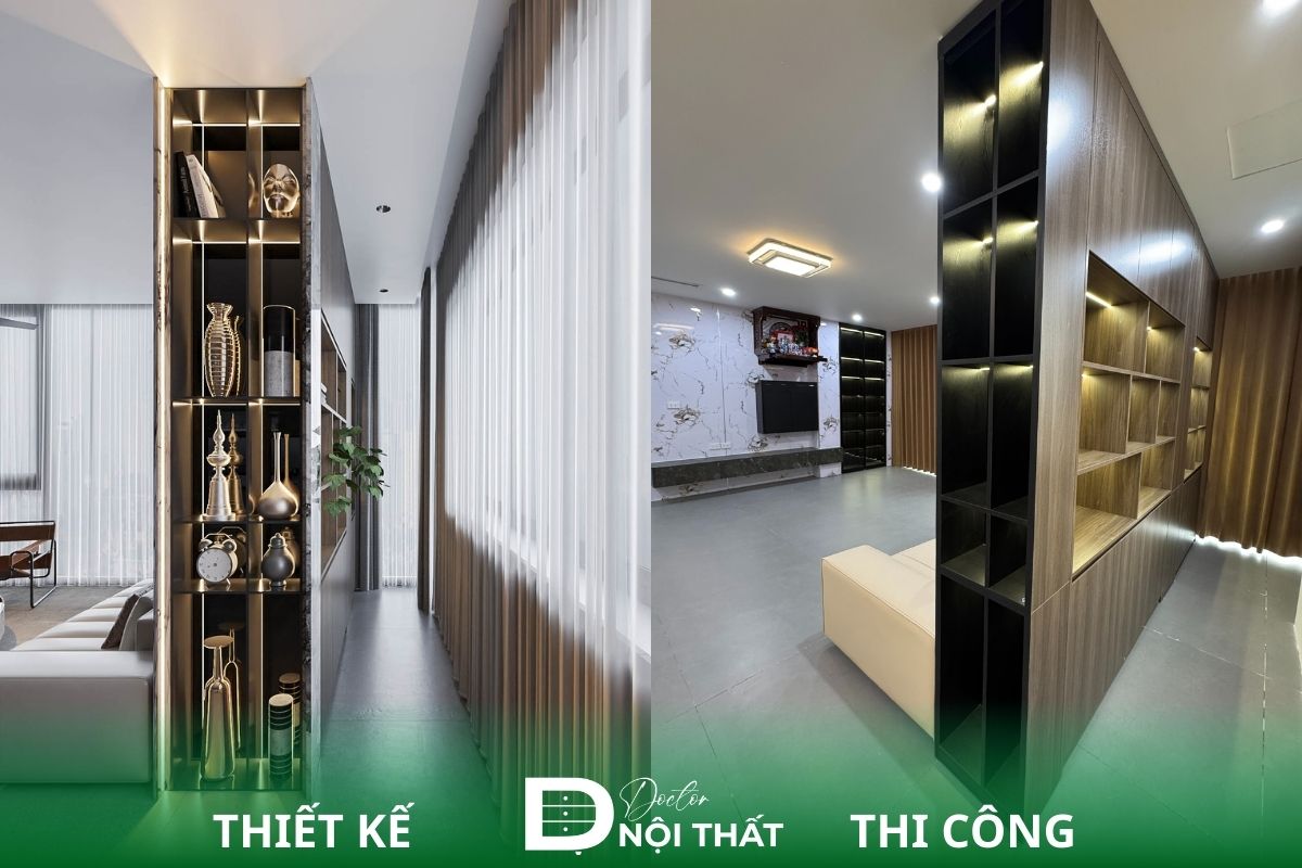Một góc tủ trưng bày trước và sau khi hoàn thiện thi công nội thất chung cư