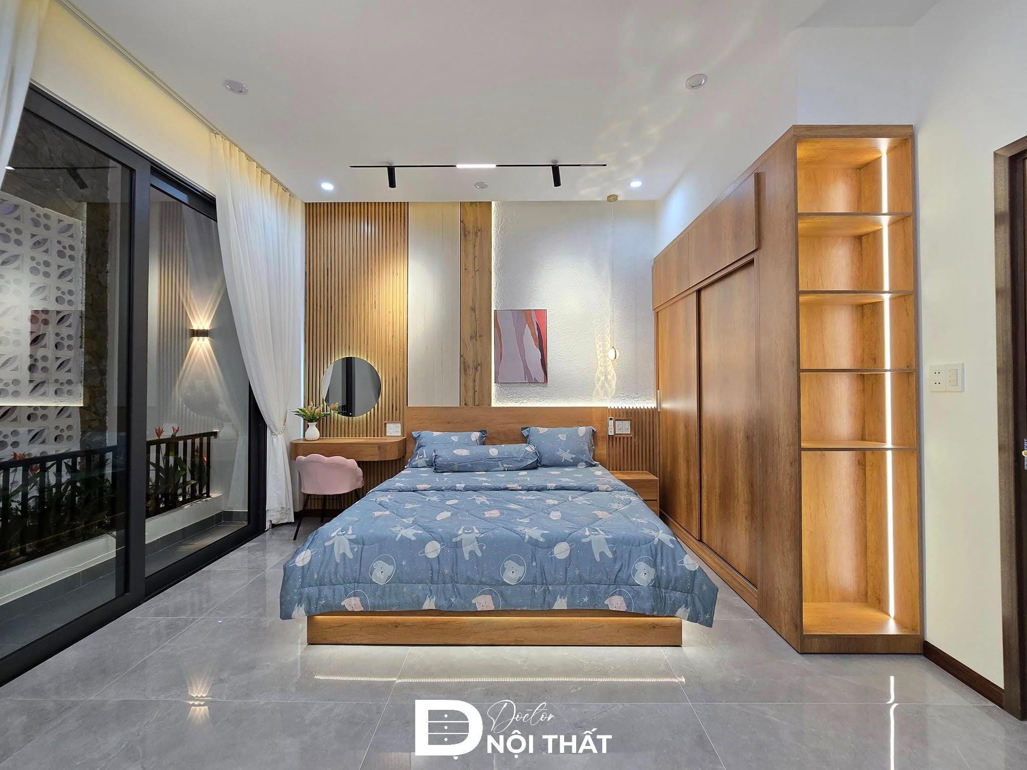 Thi công hệ tủ quần áo kịch trần, giường và vách phòng ngủ