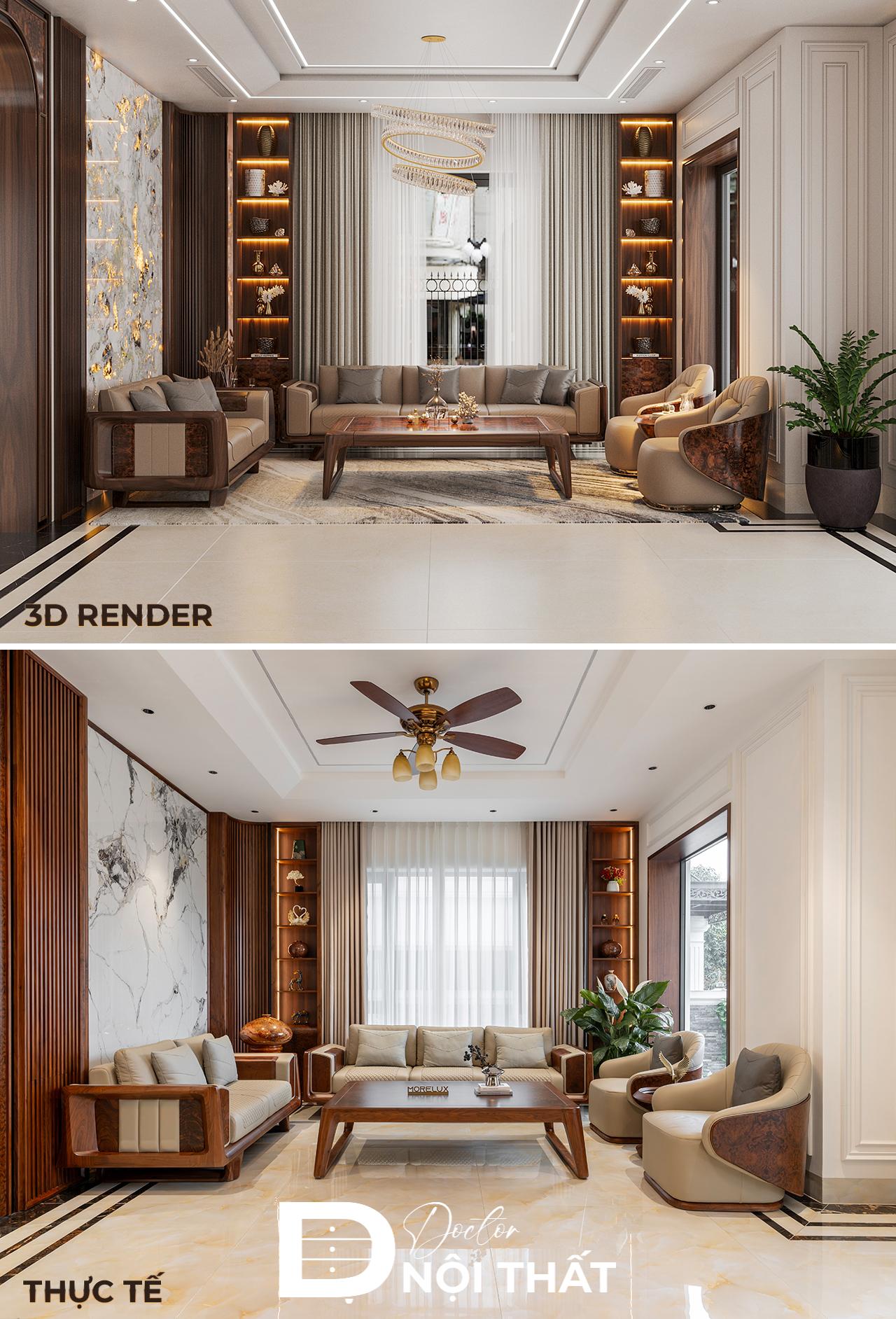 Dự án thi công nội thất nhà phố bằng gỗ óc chó giữa 3d và thực tế