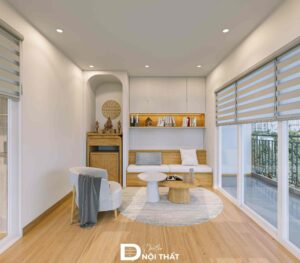 Không gian phòng khách hiện đại với sofa gỗ, bàn trà nhỏ và ánh sáng tự nhiên