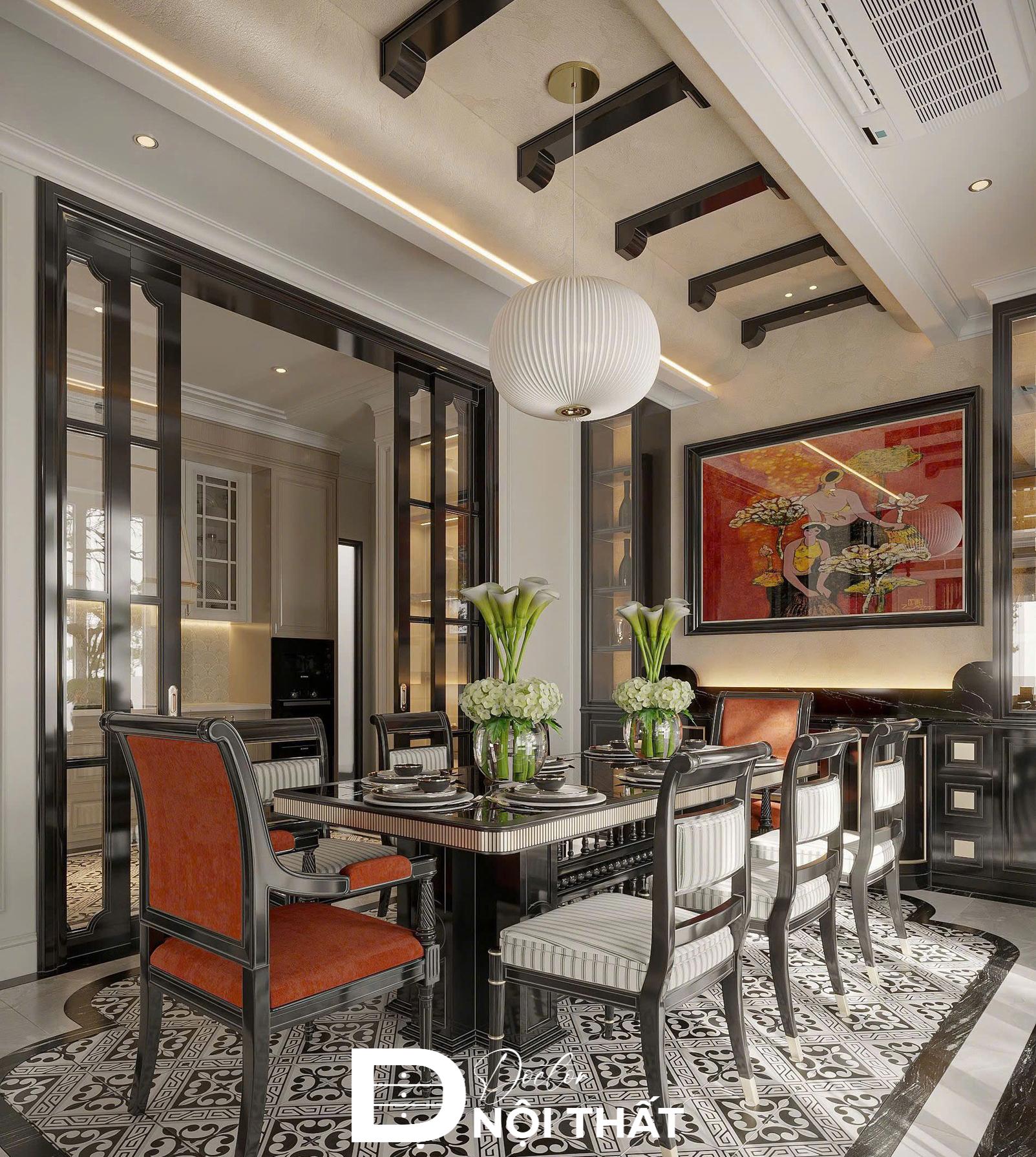Phòng bếp nhà phố Indochine ấm cúng sử dụng hệ tủ bếp gỗ tự nhiên và phụ kiện đồng tinh tế.