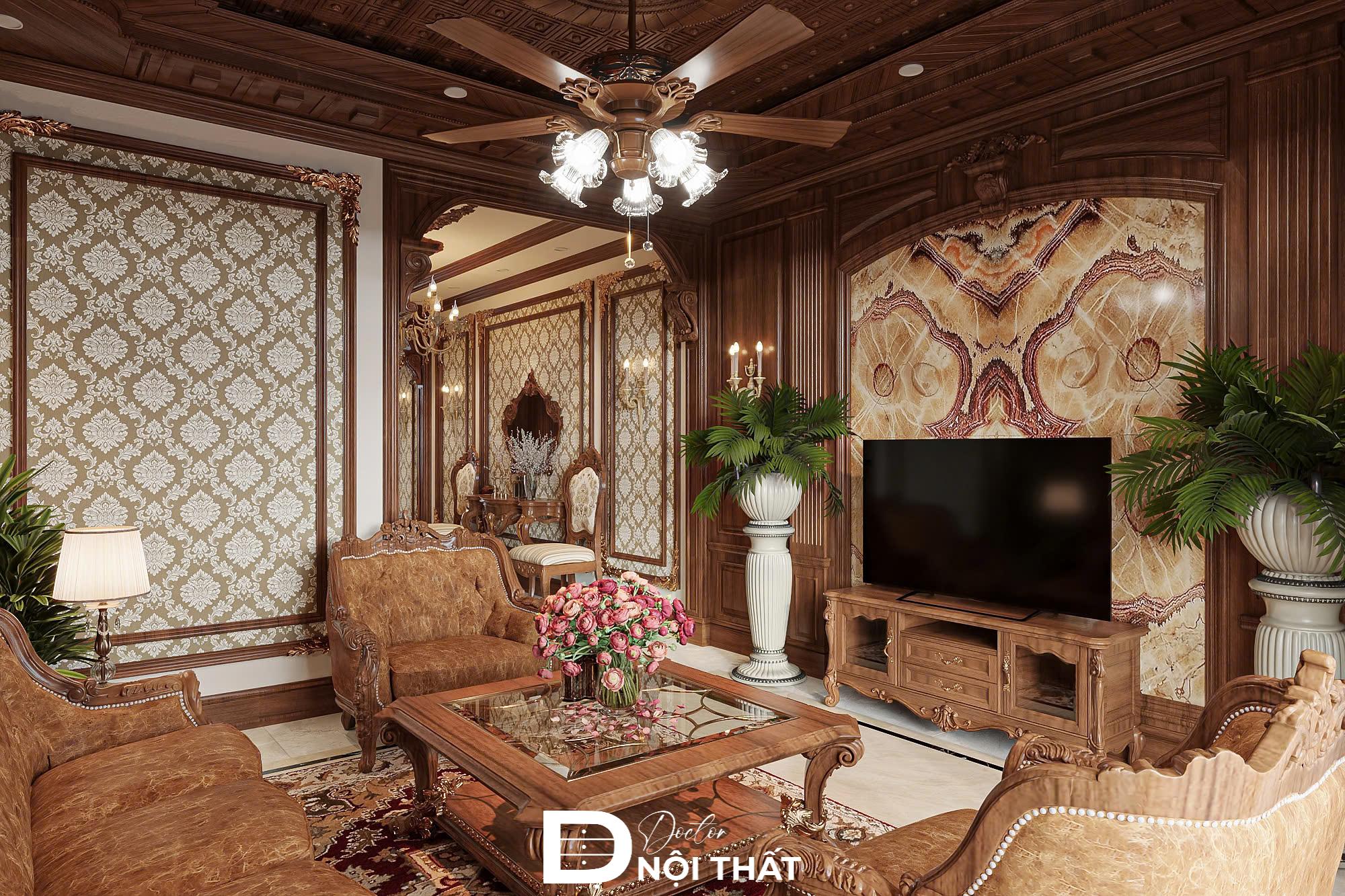 Nội thất nhà phố phong cách cổ điển nổi bật với chi tiết phào chỉ tường cầu kỳ và đèn chùm hoàng gia