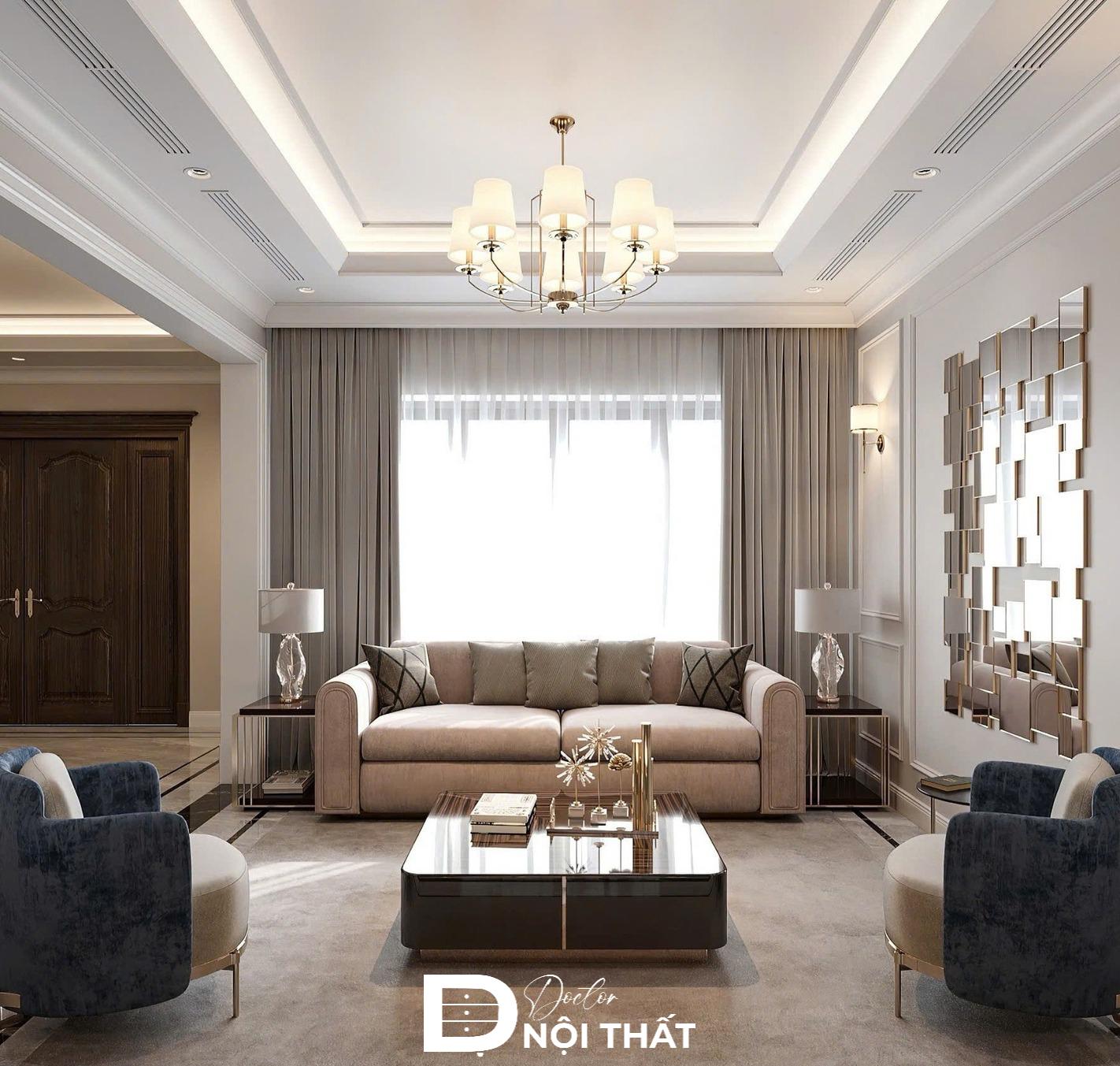 Phòng khách nhà phố được thiết kế cửa sổ lớn tận dụng ánh sáng tự nhiên