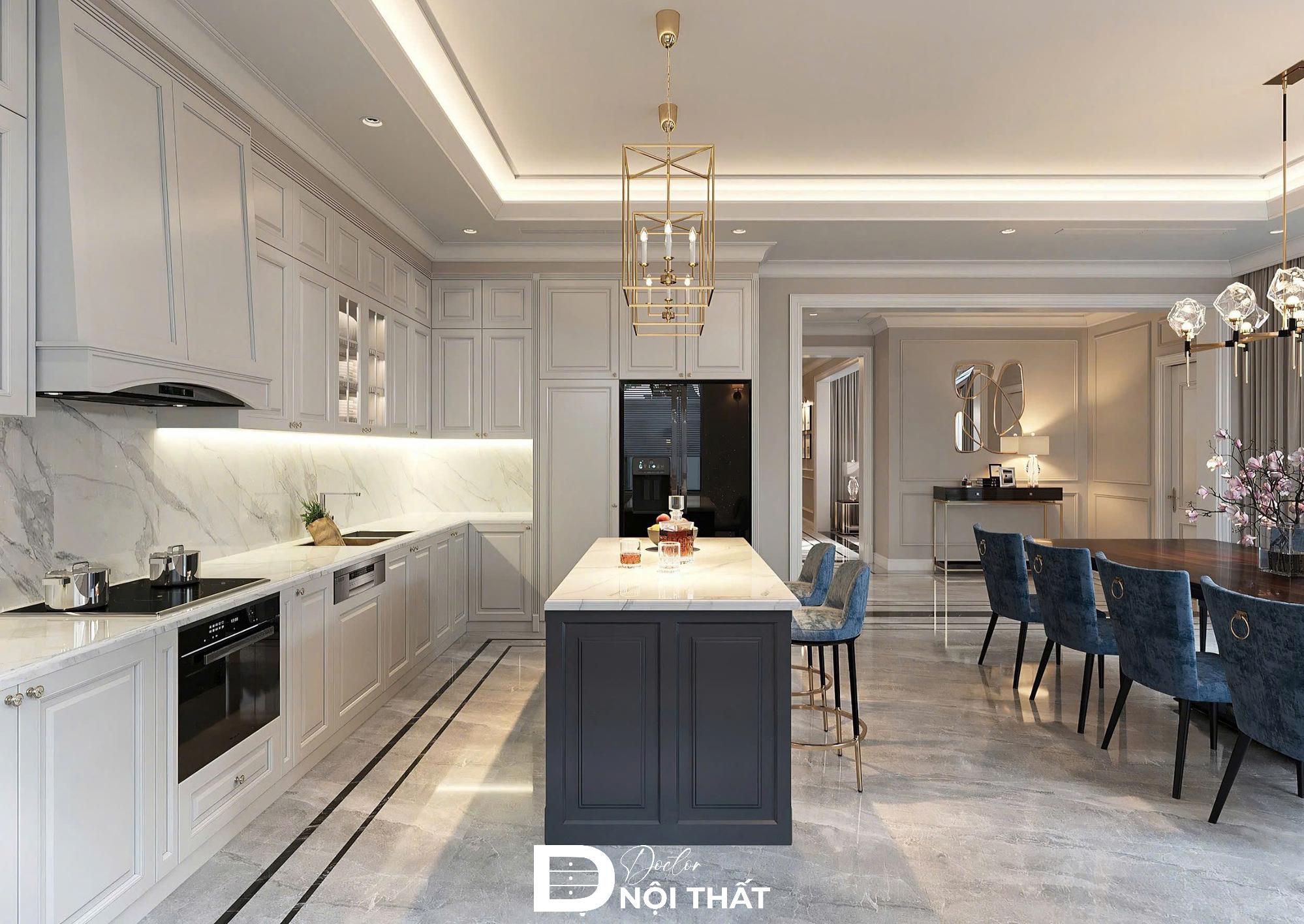 Nội thất phòng bếp nhà phố tân cổ điển sử dụng tone màu trắng sang trọng