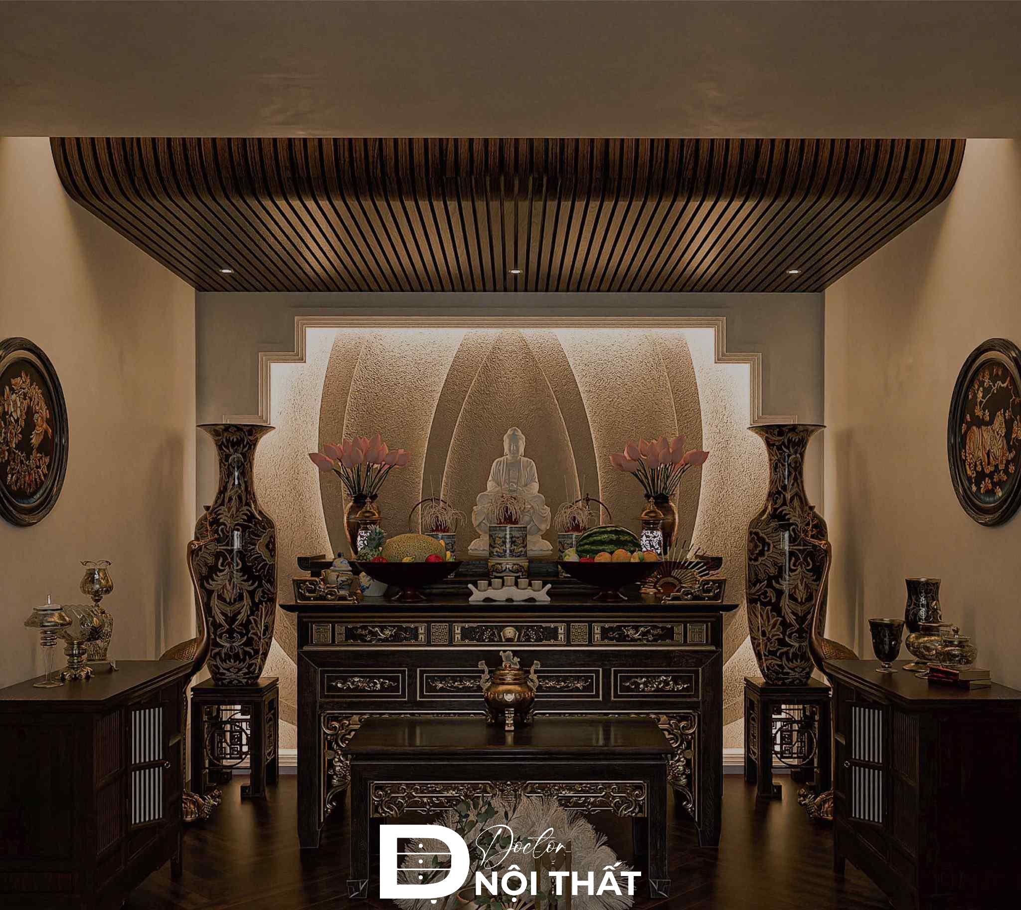 Phòng thờ phong cách Trung Hoa của nhà phố sử dụng nội thất gỗ tự nhiên được chạm trổ tinh xảo