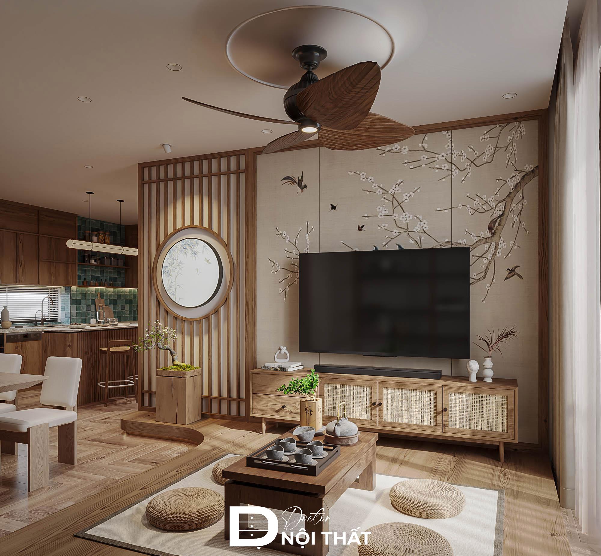 Phòng khách chung cư 50m2 phong cách kiểu Nhật làm nơi thưởng trà thư giãn