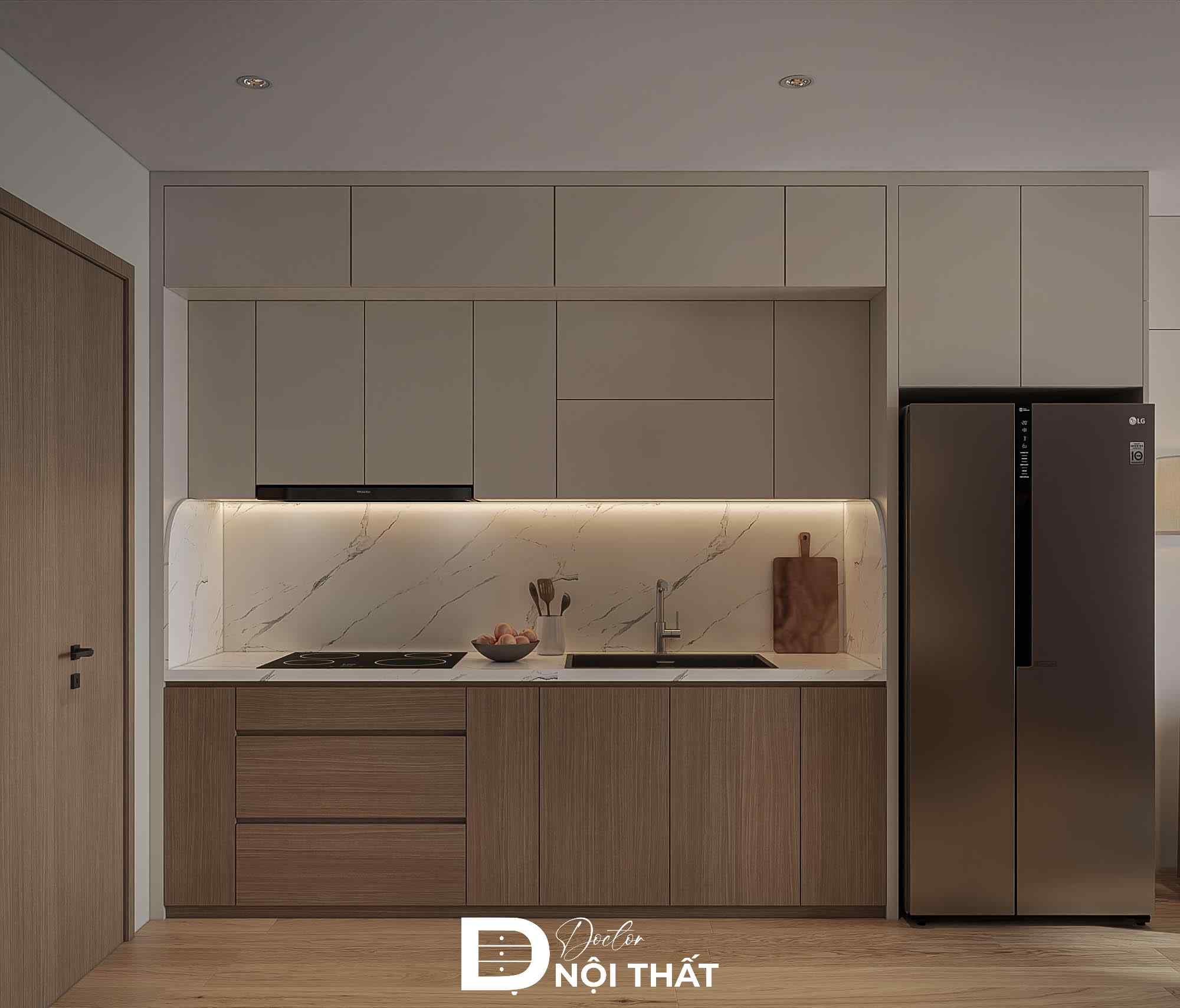 Thiết kế tủ bếp kịch trần chất liệu gỗ công nghiệp