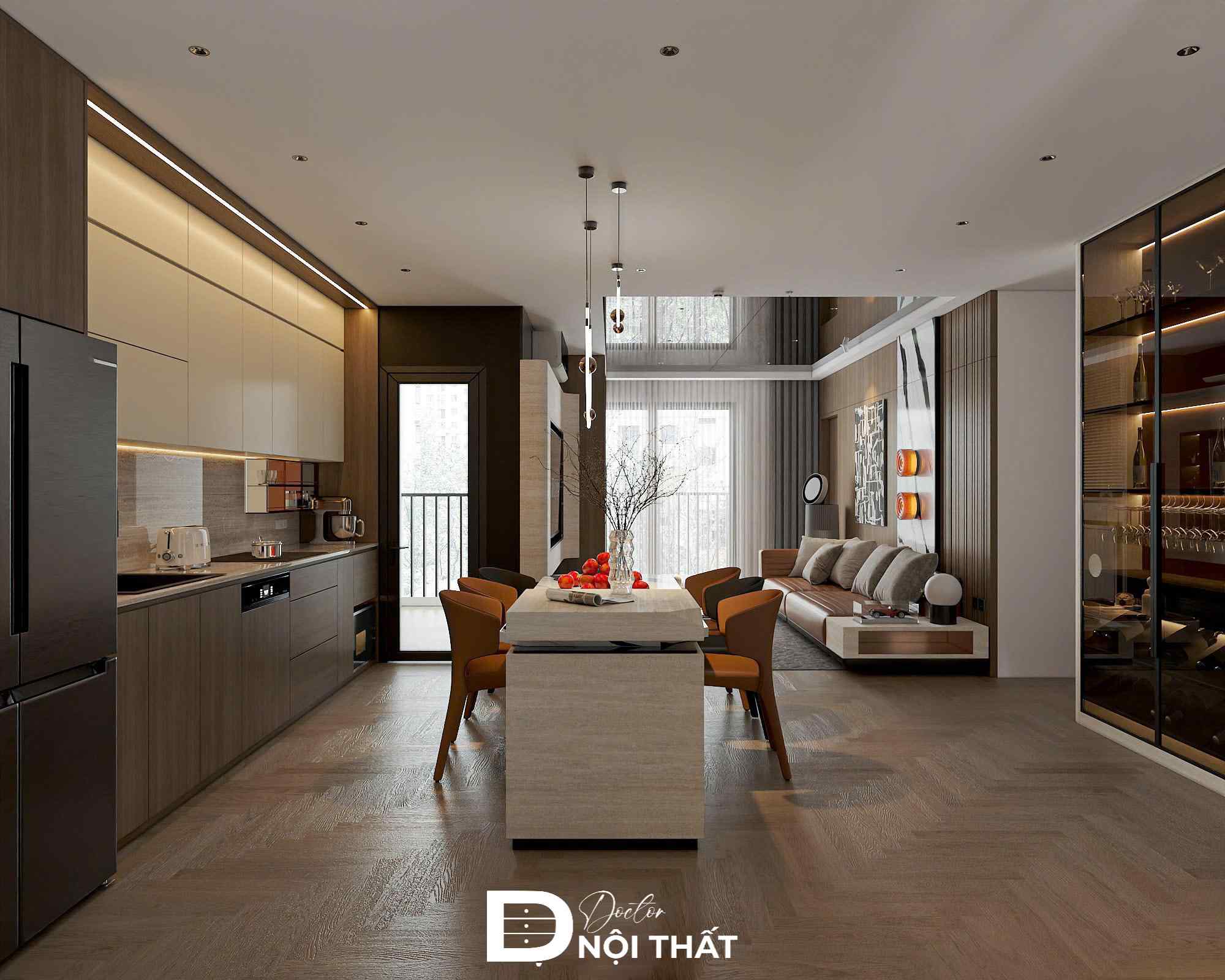 Phòng khách được thiết kế liền phòng bếp tạo nên không gian mở thoáng đãng
