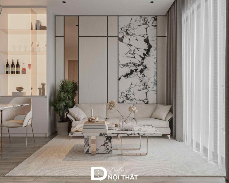 Vách tivi ốp đá marble nổi bật trên nền trung tính, giúp không gian thêm chiều sâu và đẳng cấp