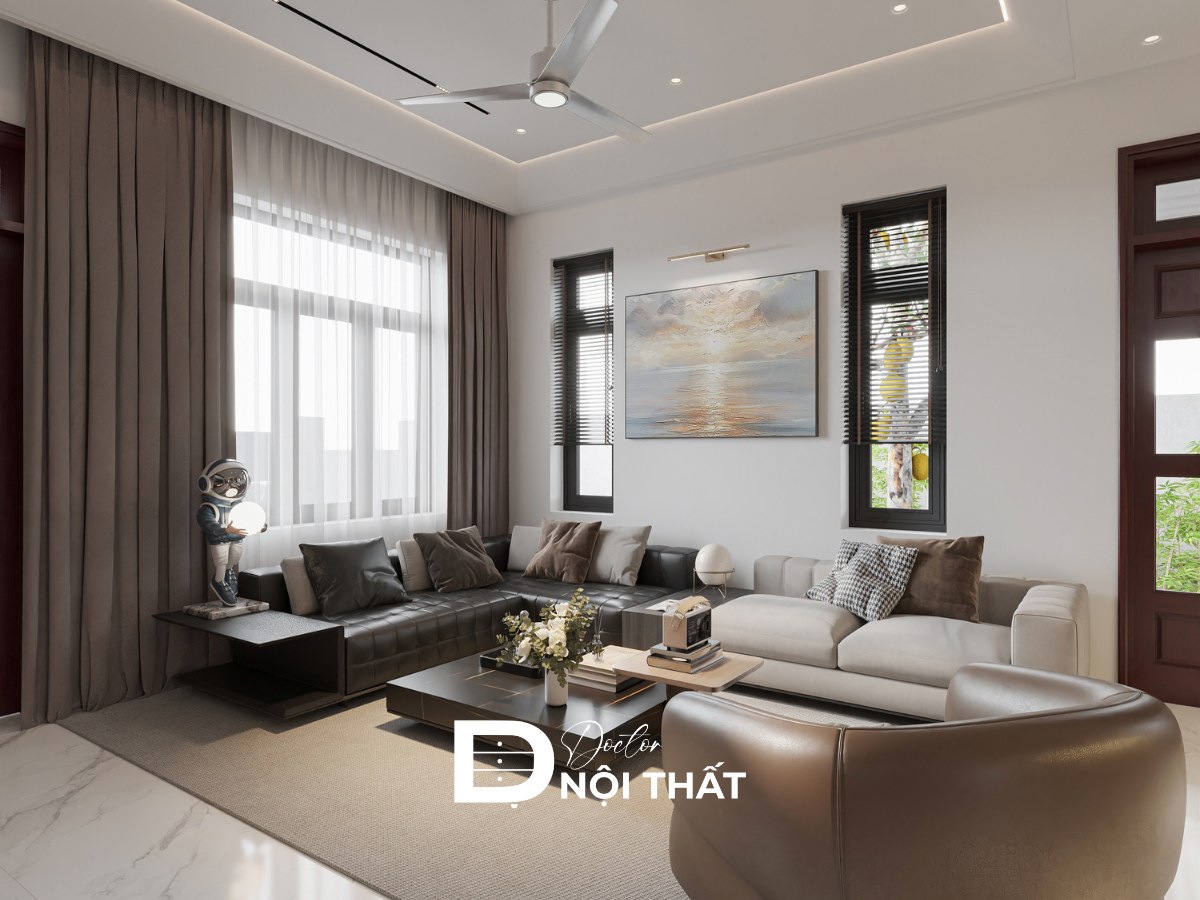 Mẫu thiết kế nội thất phòng khách chung cư 2 phòng ngủ phong cách hiện đại với sofa xám và bàn trà gỗ.