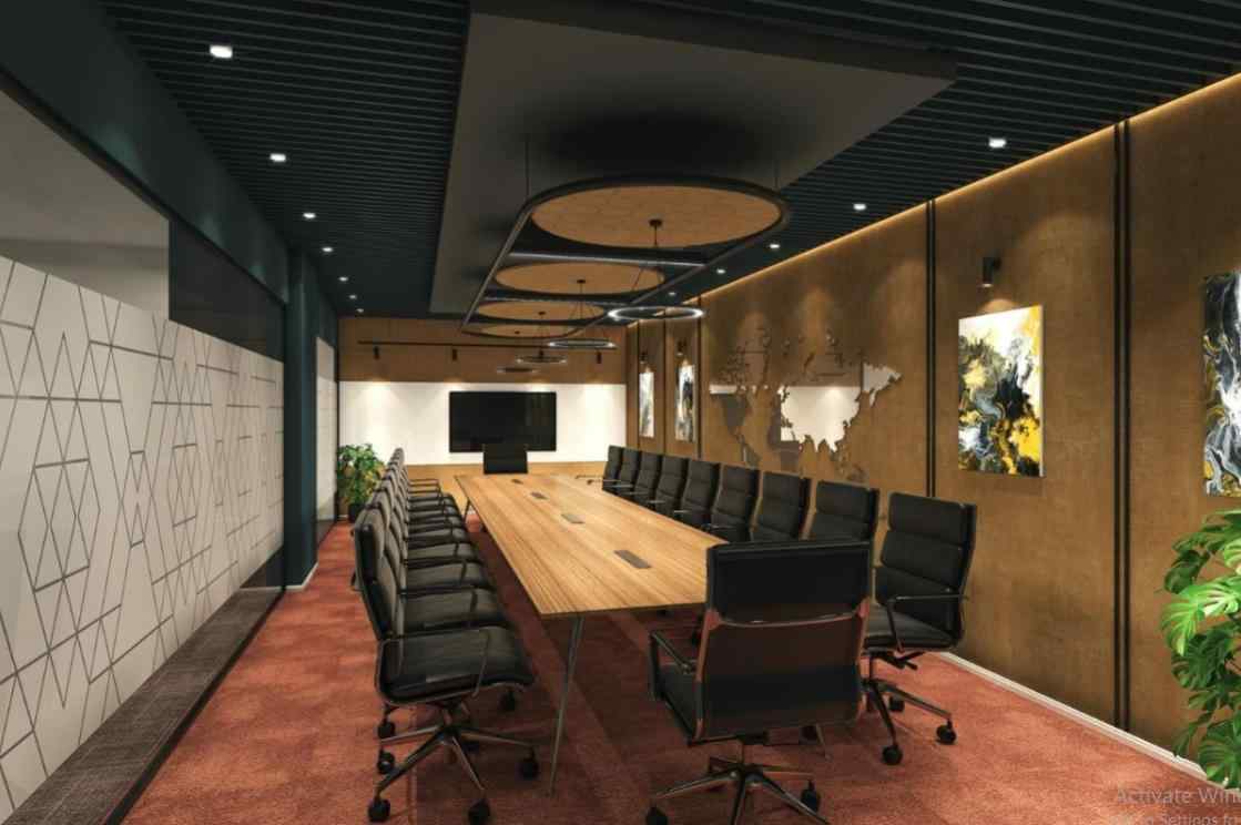 Mẫu thiết kế phòng họp mang phong cách hiện đại với bàn họp gỗ dài, ghế xoay bọc tối màu (nguồn: sưu tầm)