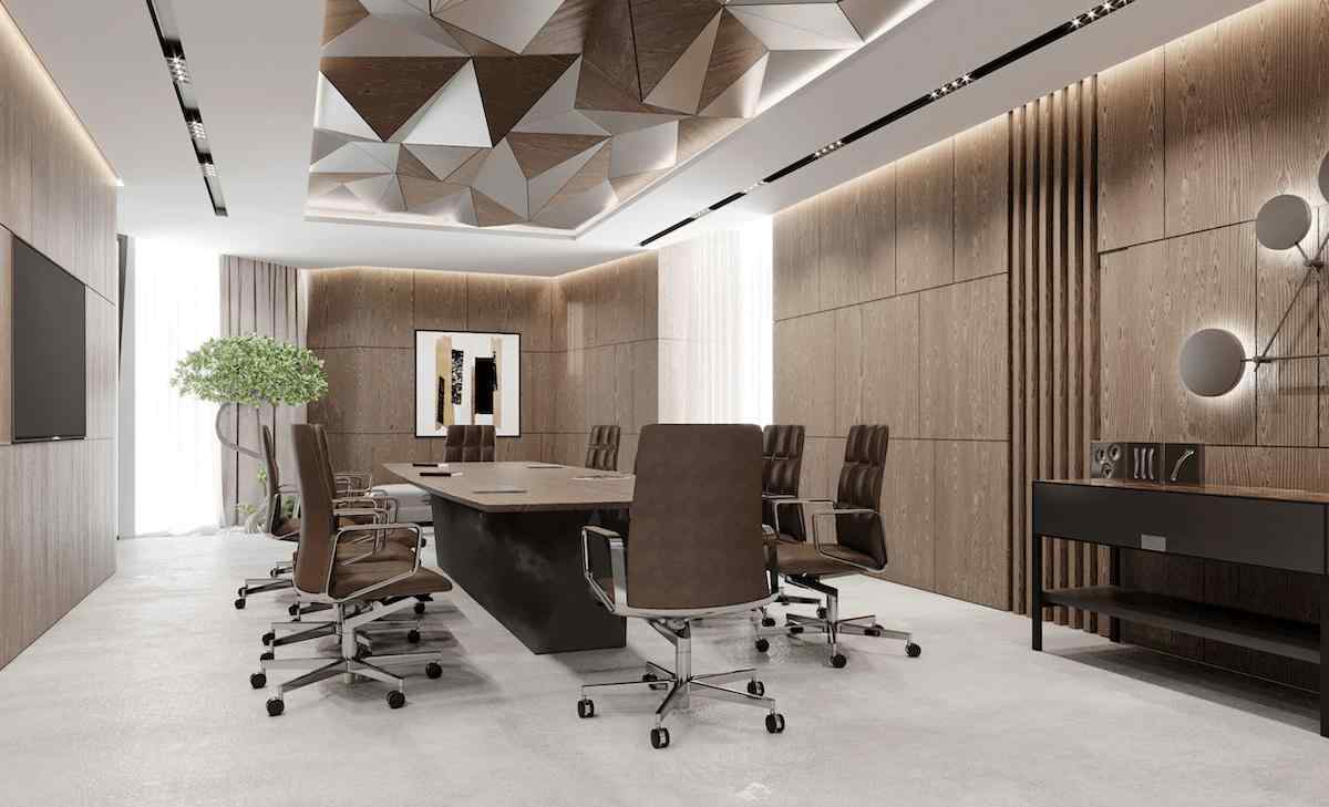 Mẫu phòng họp nhỏ được tổ chức tối giản, tận dụng ánh sáng trần và gam màu sáng để tạo cảm giác rộng rãi (nguồn: sưu tầm)